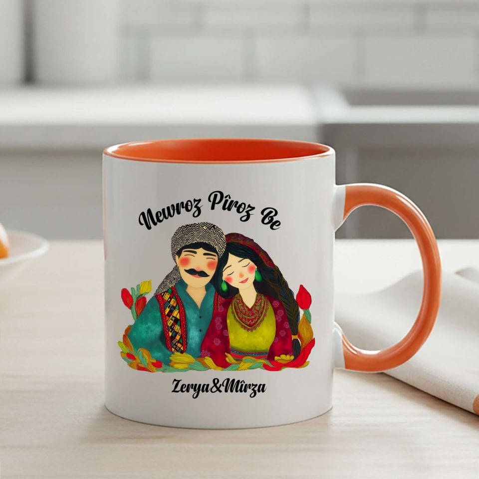 İsme Özel Newroz Piroz Be Gülümseyen Mem u Zin Tasarımlı Turuncu Klasik Kupa Bardağı