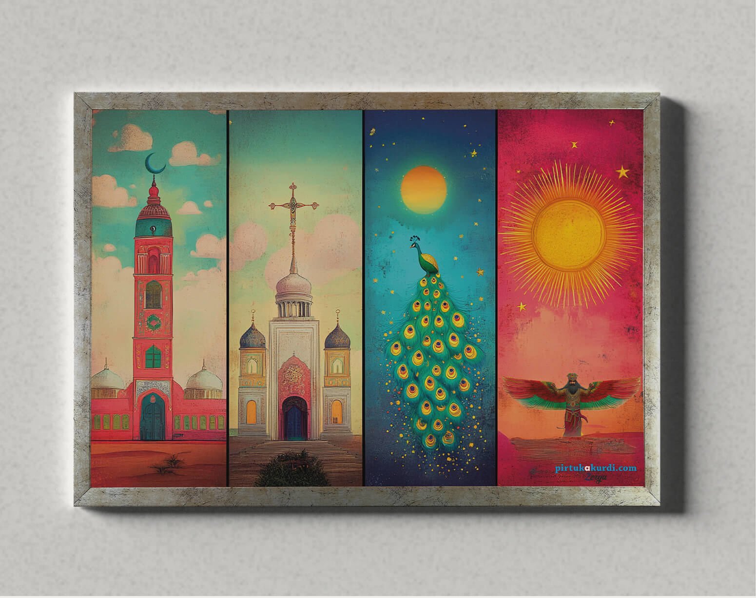 Dört Din Temalı Poster (Müslümanlık - Hiristiyanlık - Yezidilik - Zerdüştlük ÇERÇEVELİ