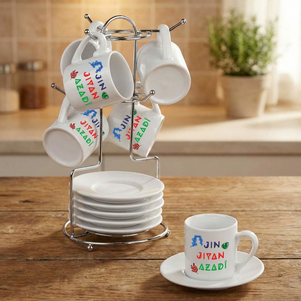 Jin Jiyan Azadi Yazılı Standlı 6'lı Porselen Kahve Fincan Seti - Jin Jiyan Azadi Kahve Fincanları 6'lı Takım