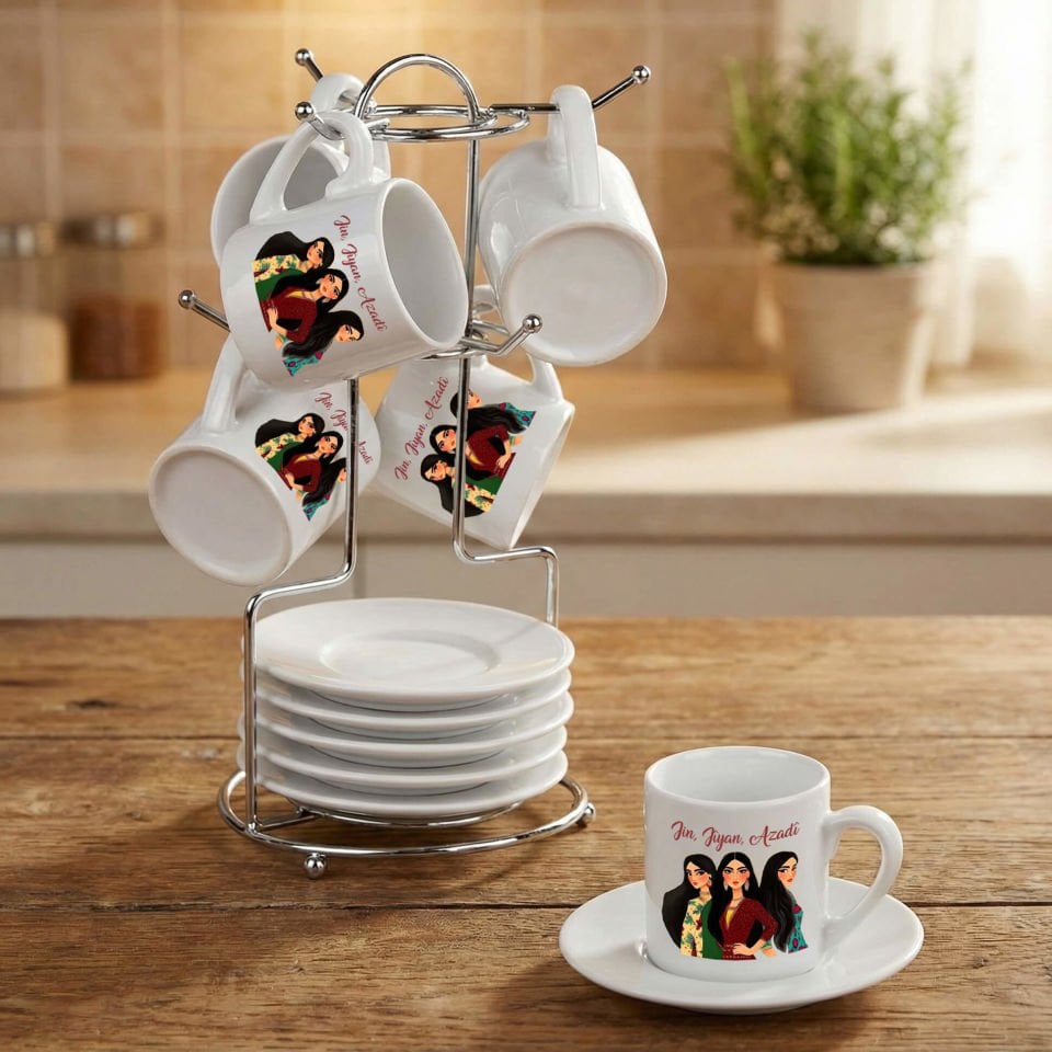 Jin Jiyan Azadi Tasarımlı Standlı 6'lı Porselen Kahve Fincan Seti - Jin Jiyan Azadi Tasarımlı Kahve Fincanları 6'lı Takım