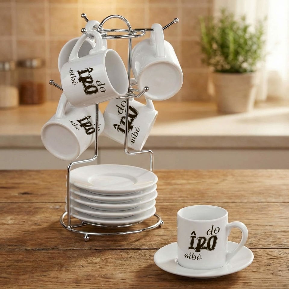 Kürtçe Do Îro Sibê Yazılı Standlı 6'lı Porselen Kahve Fincan Seti - Kürtçe Kahve Fincanları 6'lı Takım