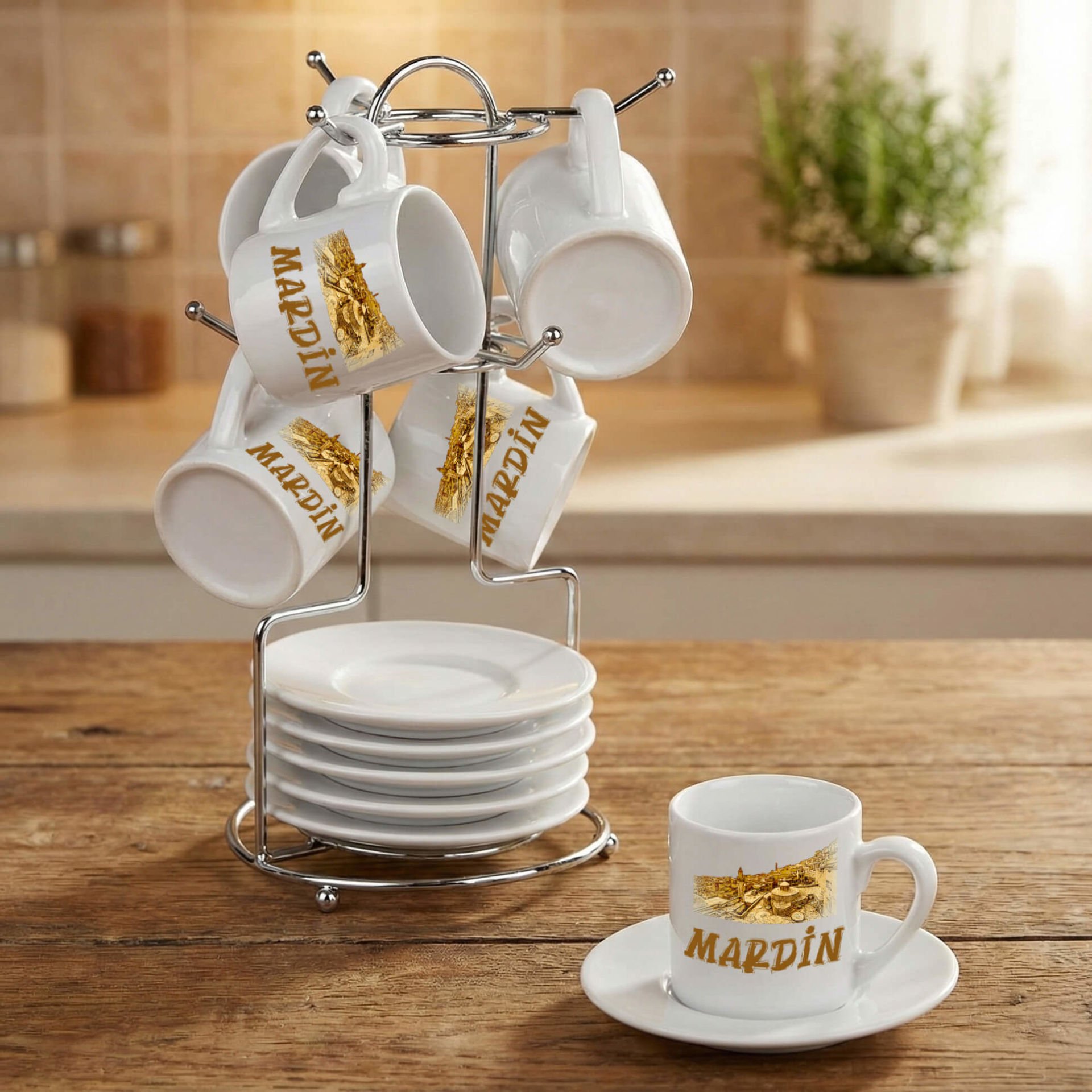 Mardin Şehri Tasarımlı Standlı 6'lı Porselen Kahve Fincan Seti - Mardin Tasarımlı Fincanları 6'lı Takım