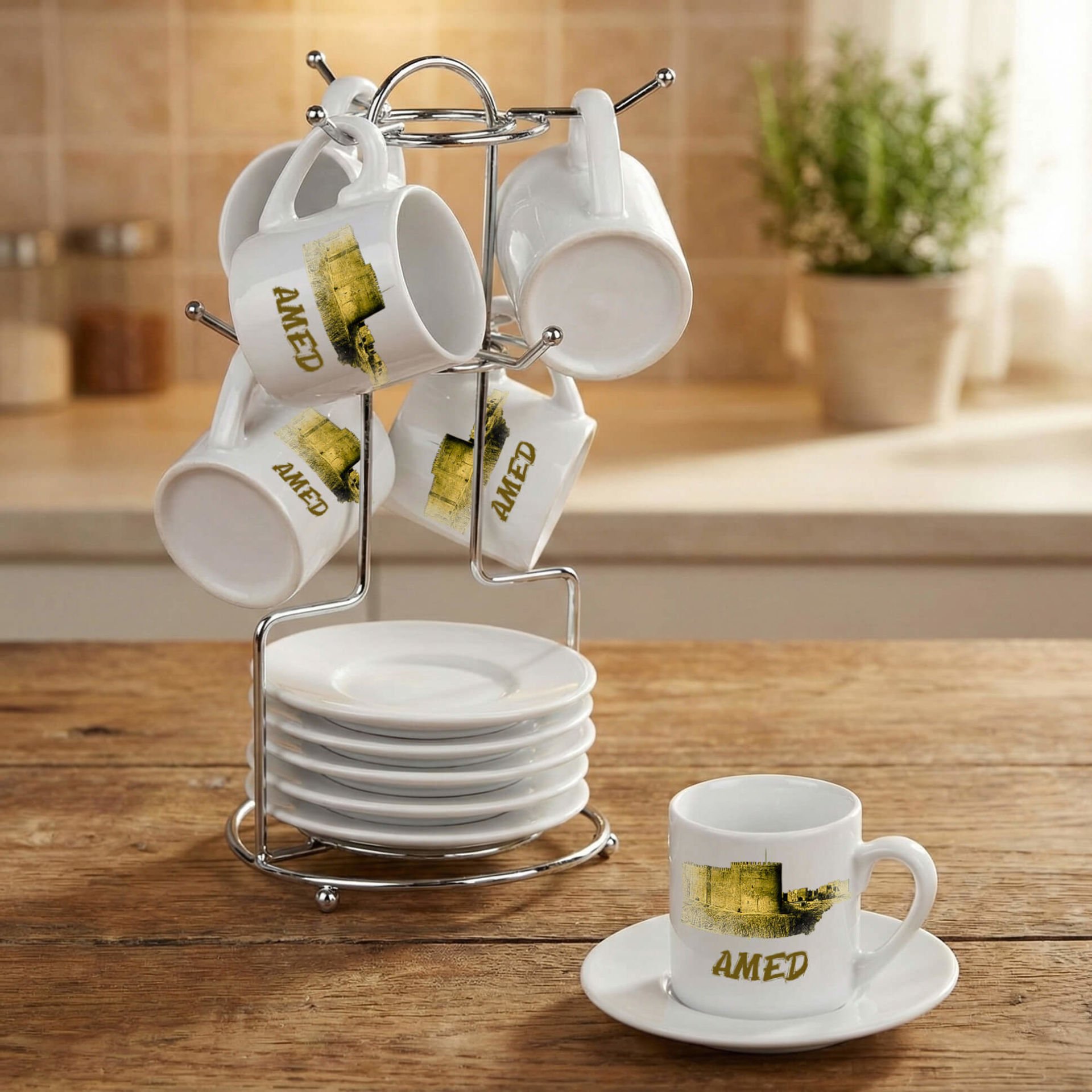 Amed Surları Tasarımlı Standlı 6'lı Porselen Kahve Fincan Seti - Diyarbakır Tasarımlı Fincanları 6'lı Takım