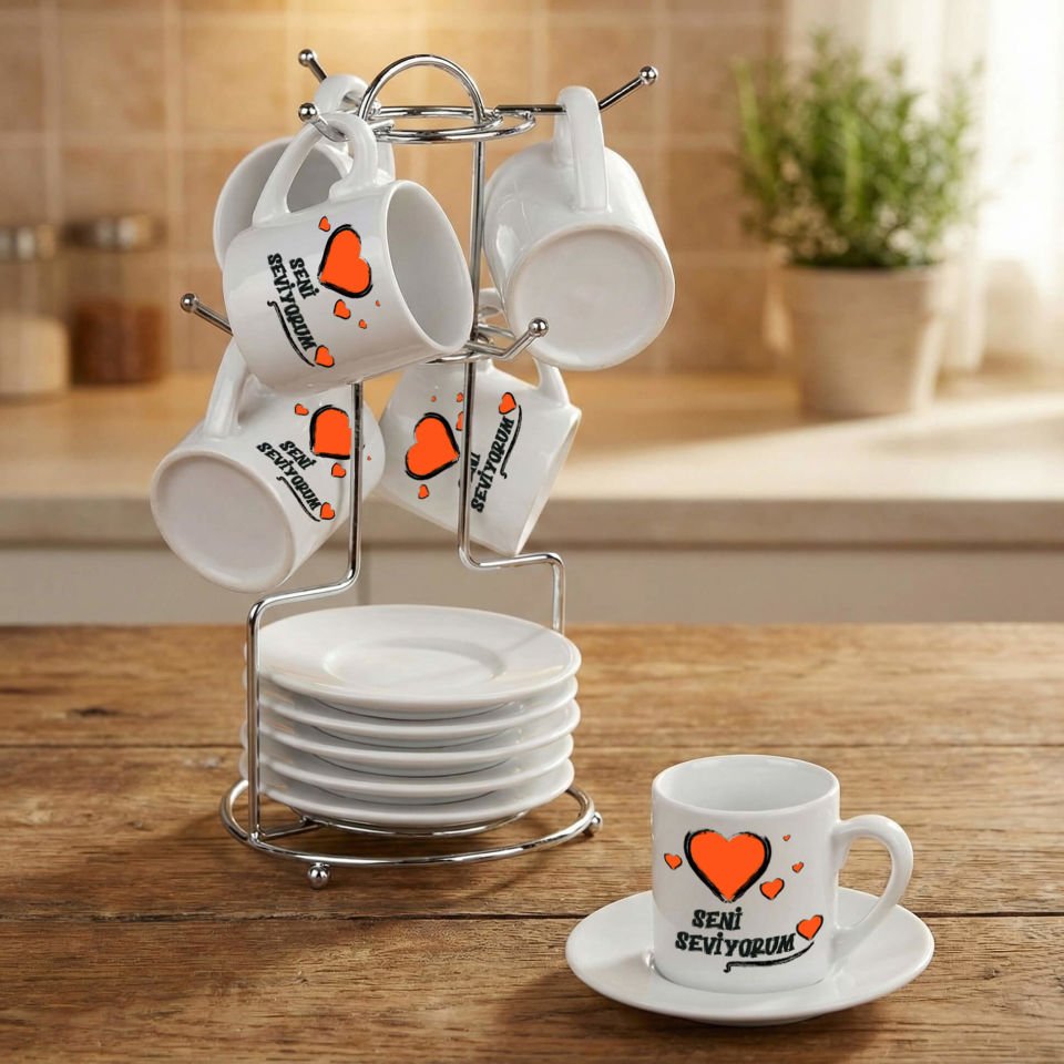 Sevgililere Özel Seni Seviyorum Yazılı Standlı 6'lı Porselen Kahve Fincan Seti - Seni Seviyorum Fincanları 6'lı Takım