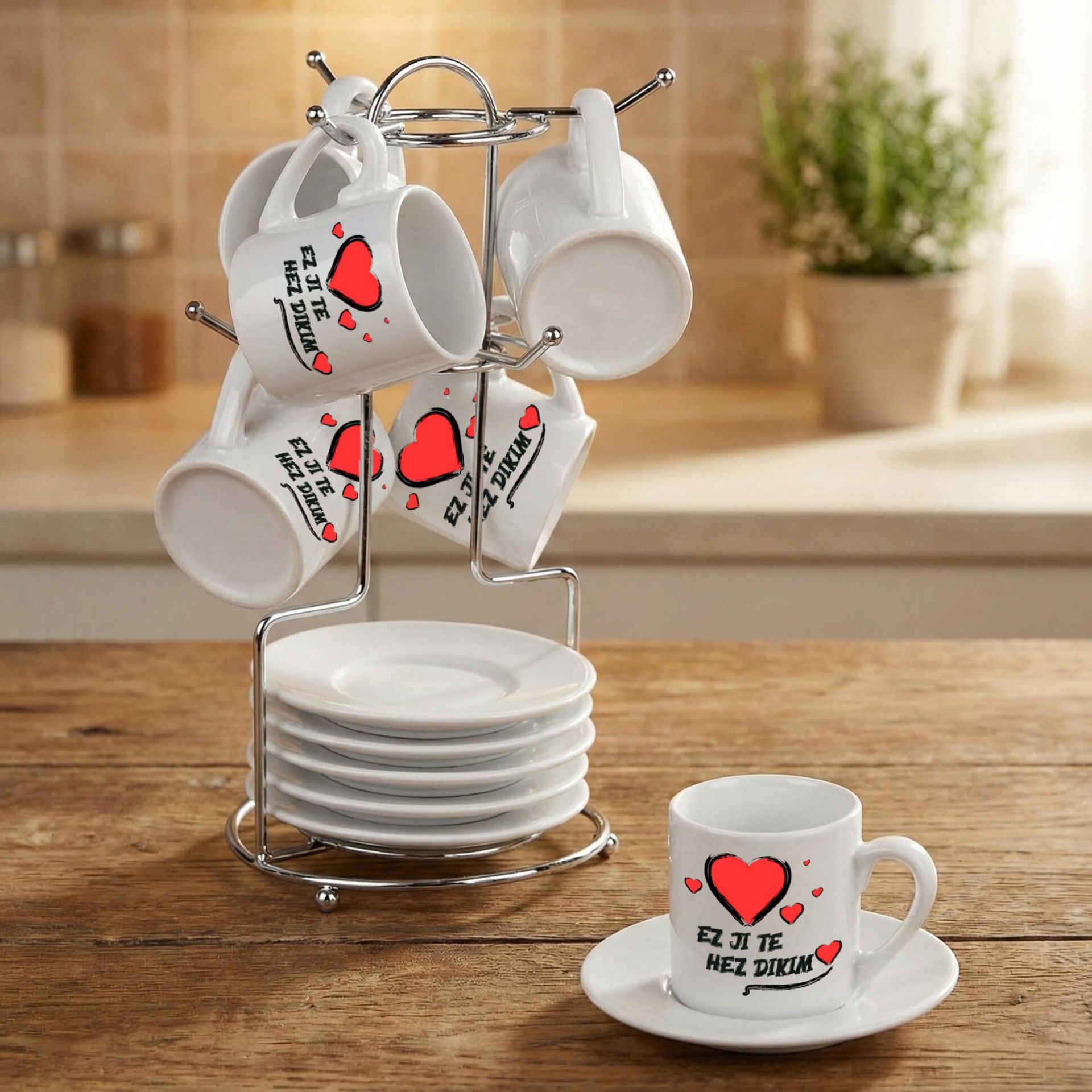 Sevgililere Özel Kürtçe Ez Ji Te Hez Dikim Yazılı Standlı 6'lı Porselen Kahve Fincan Seti - Ez Ji Te Hez Dikim Fincanları 6'lı Takım