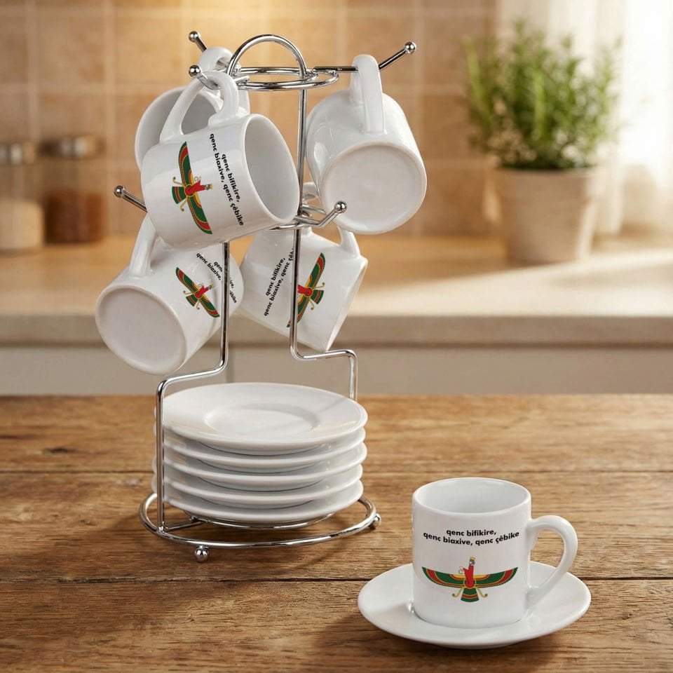 Ahura Mazda Tasarımlı Standlı 6'lı Porselen Kahve Fincan Seti - Ahura Mazda Tasarımlı Fincanları 6'lı Takım