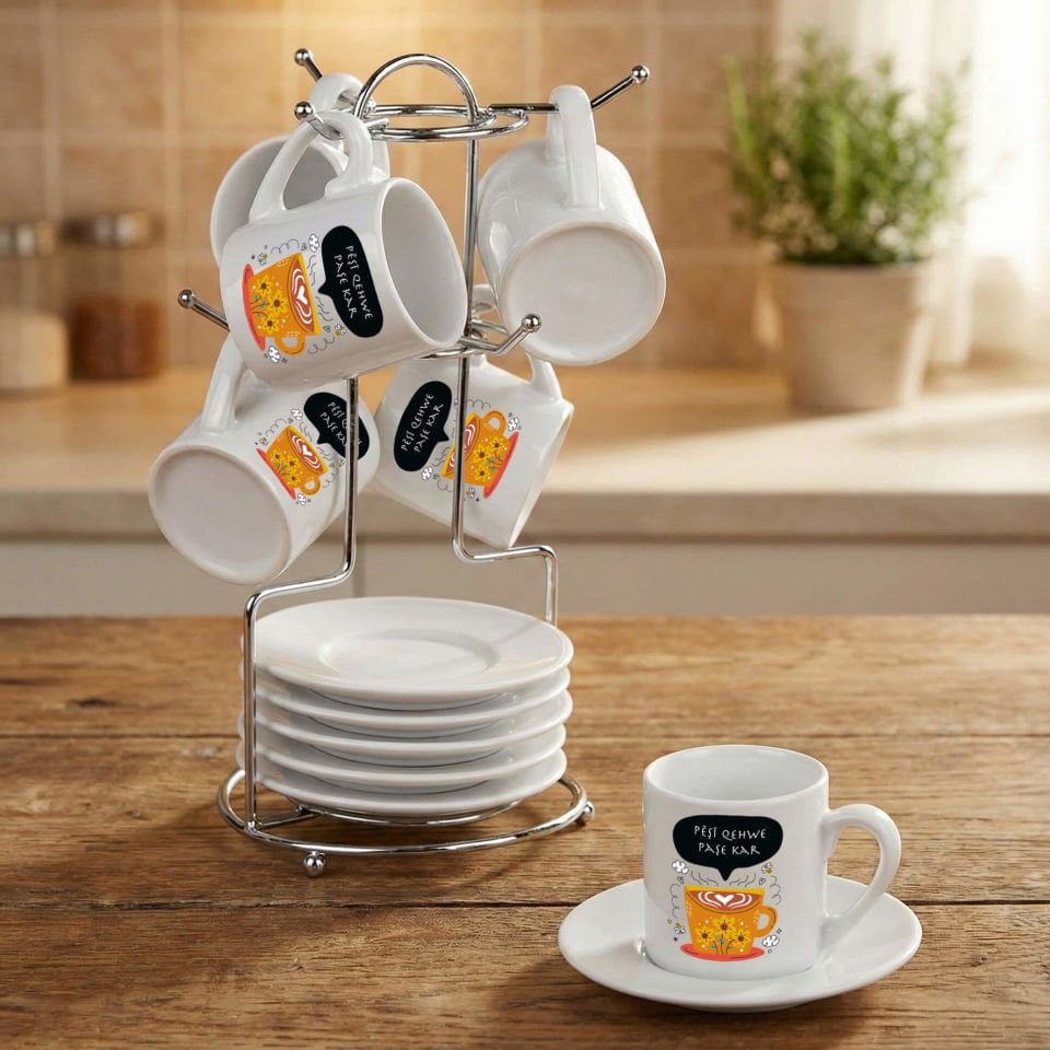 Kürtçe Pêşî Qehwe Paşê Kar Tasarımlı Standlı 6'lı Porselen Kahve Fincan Seti - Pêşî Qehwe Paşê Kar Yazılı Fincanları 6'lı Takım