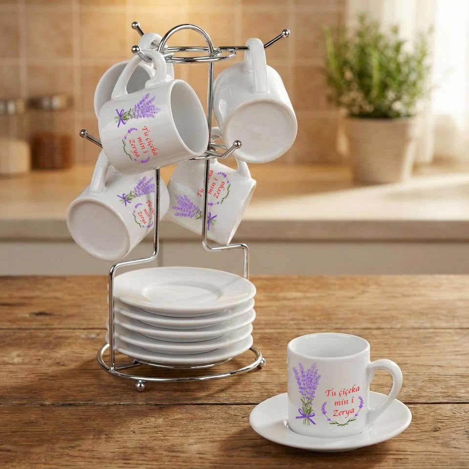 Kürtçe Tu Çîçeka Min î Yazılı İsme Özel Standlı 6'lı Porselen Kahve Fincan Seti - İsme Özel Tu Çîçeka Min î Fincanları 6'lı Takım