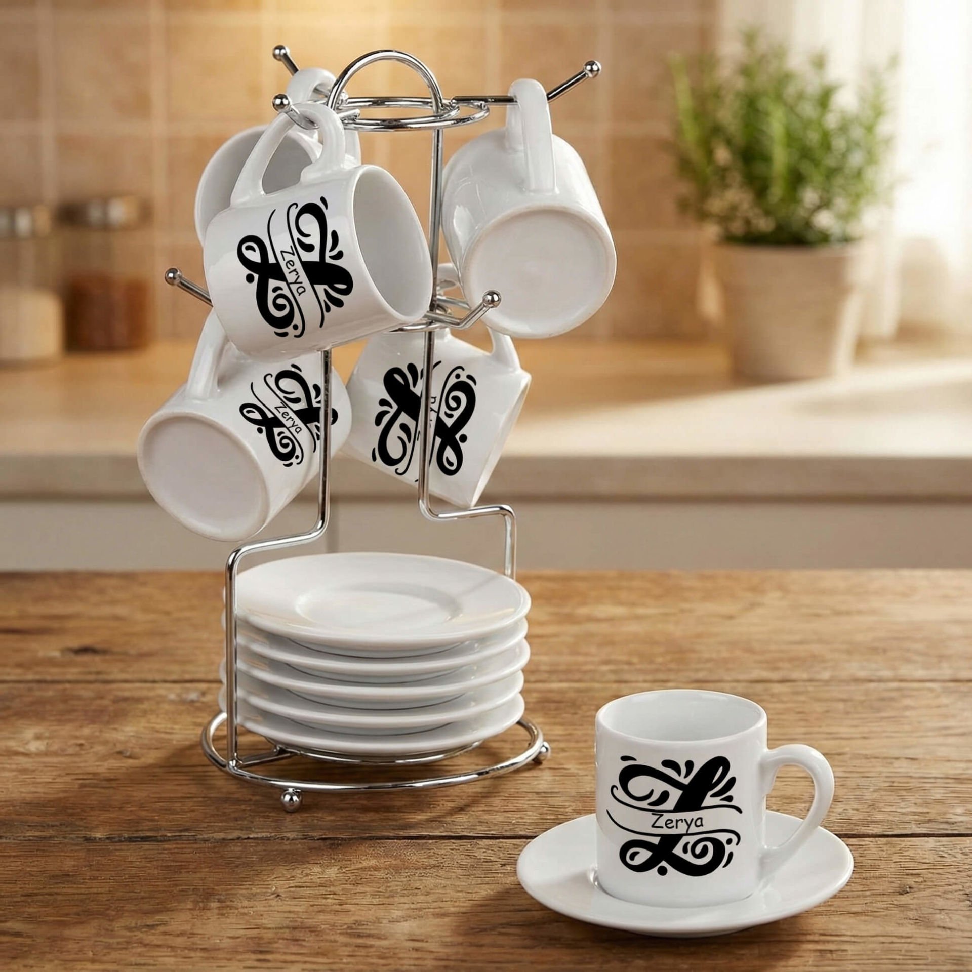 İsme Özel Harfli Standlı 6'lı Porselen Kahve Fincan Seti - İsminize Özel Harfli Fincanları 6'lı Takım