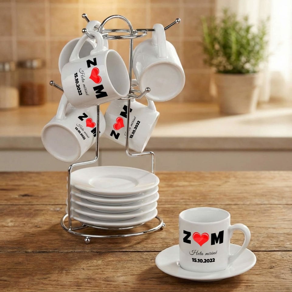 Kürtçe İsme Özel Harfli ve Tarihli Standlı 6'lı Porselen Kahve Fincan Seti - Kürtçe İsme Özel Harfli Fincanları 6'lı Takım