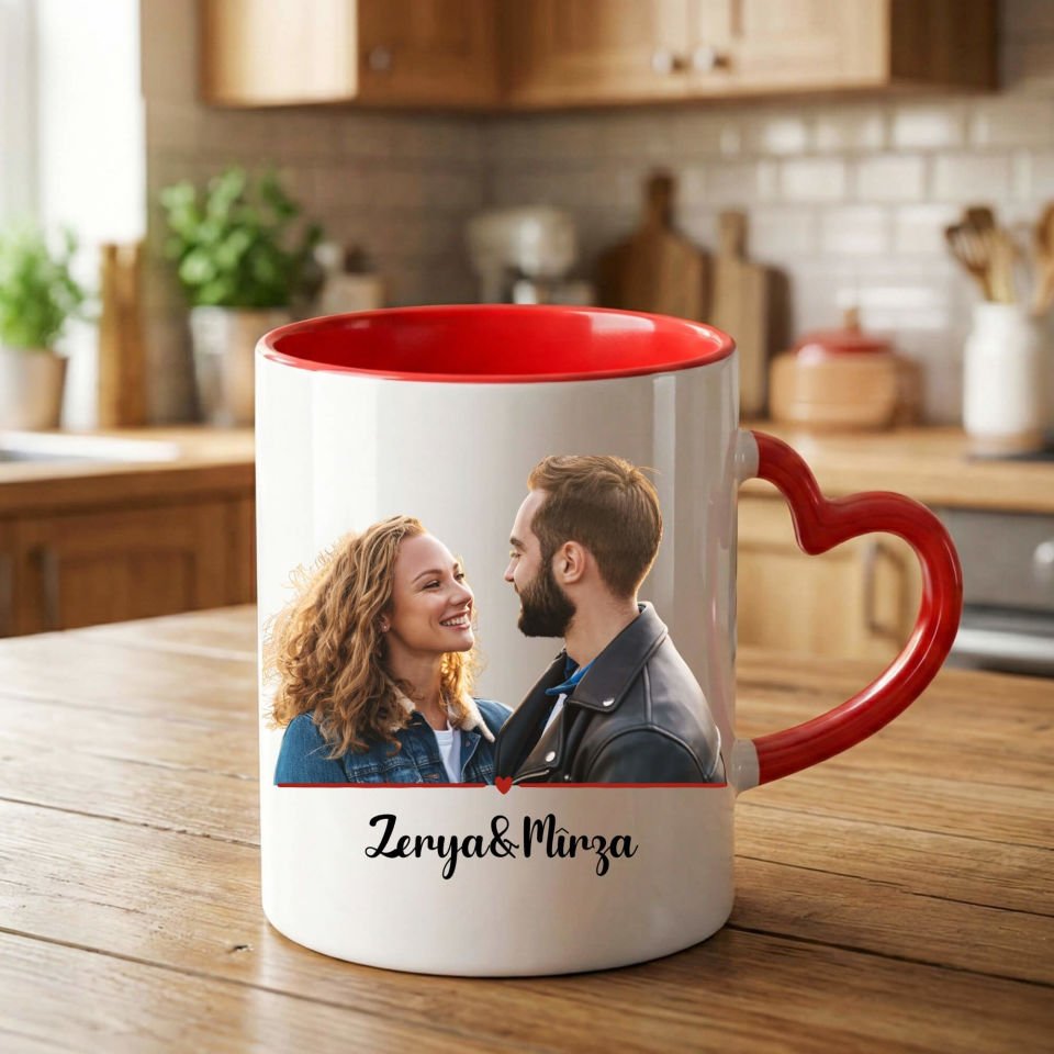 İsme Özel ve Resim Bastırmalı Kalpli Kırmızı Kalp Kupa Bardağı -  Sevgililer İçin Kalpli Kupa Bardak