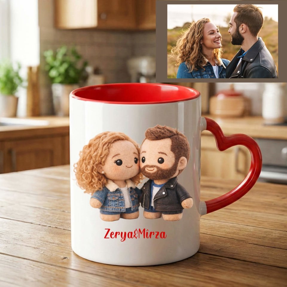 İsme Özel ve Resim Bastırmalı Kalpli Pelus Kırmızı Kalp Kupa Bardağı -  Sevgililer İçin Pelus Kalpli Kupa Bardak