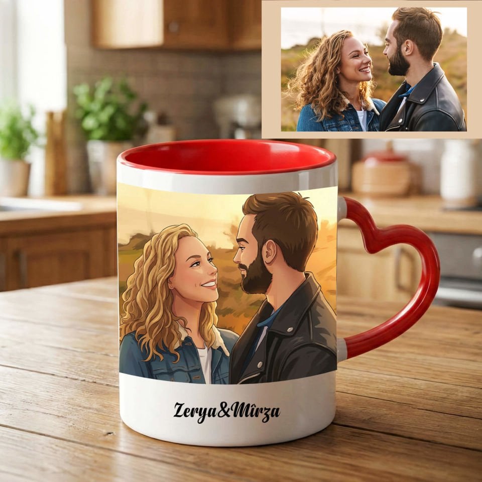 İsme Özel ve Resim Bastırmalı Kalpli Yapay Zeka Kırmızı Kalp Kupa Bardağı -  Sevgililer İçin Yapay Zeka Kalpli Kupa Bardak