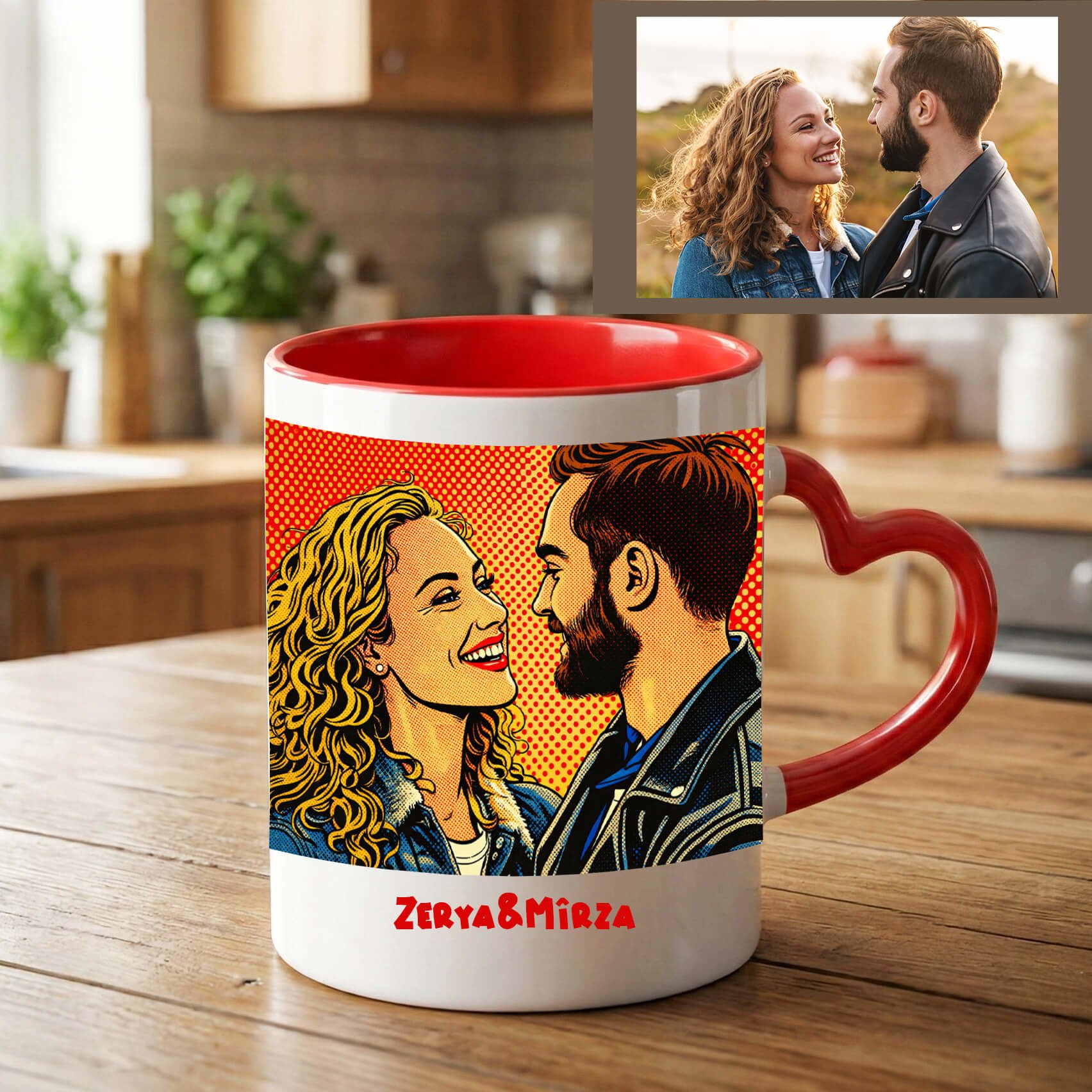 İsme Özel ve Resim Bastırmalı Kalpli Pop Art Kırmızı Kalp Kupa Bardağı -  Sevgililer İçin Pop Art Kalpli Kupa Bardak