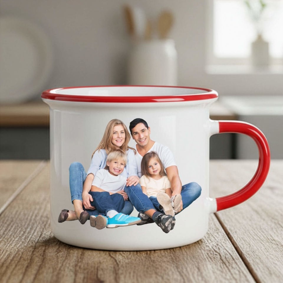 Kişiye Özel Resim Bastırmalı Enamel Kırmızı Kupa Bardak - Resimli Enamel Kupası