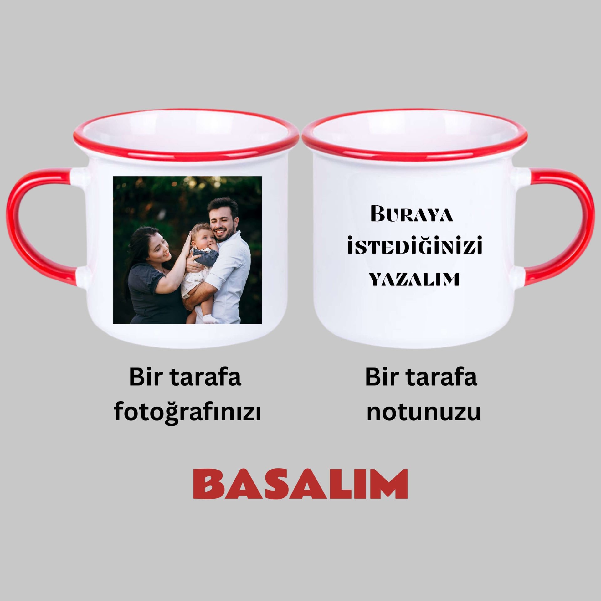 Kişiye Özel Resim Bastırmalı ve Notlu Enamel Kırmızı Kupa Bardak - Resimli ve Notlu Enamel Kupası