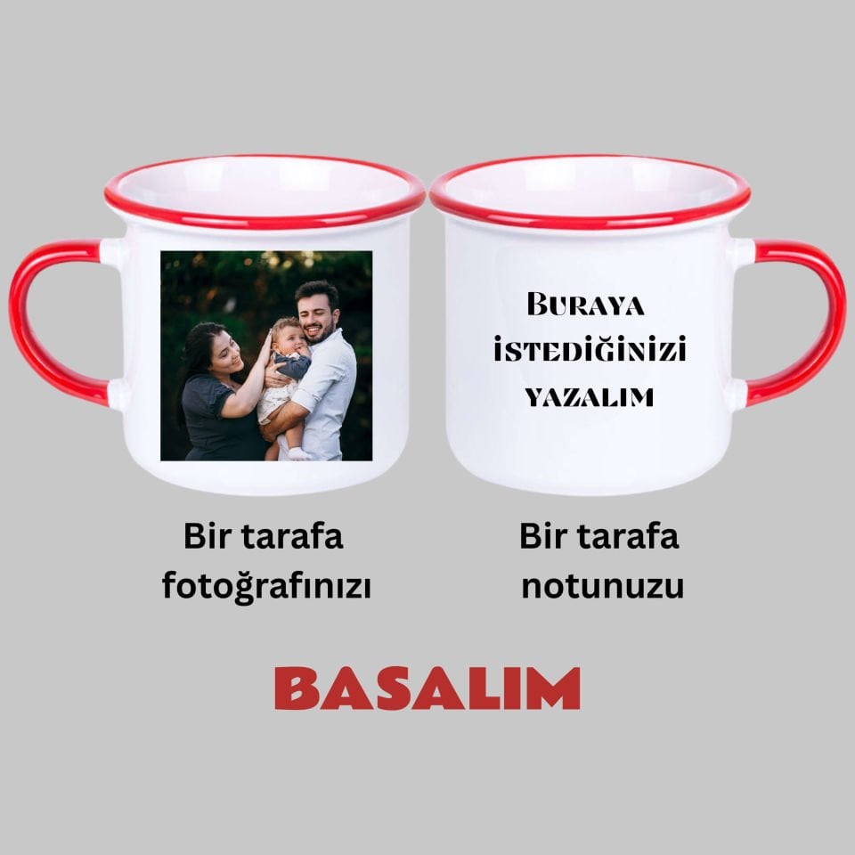 Kişiye Özel Resim Bastırmalı ve Notlu Enamel Kırmızı Kupa Bardak - Resimli ve Notlu Enamel Kupası