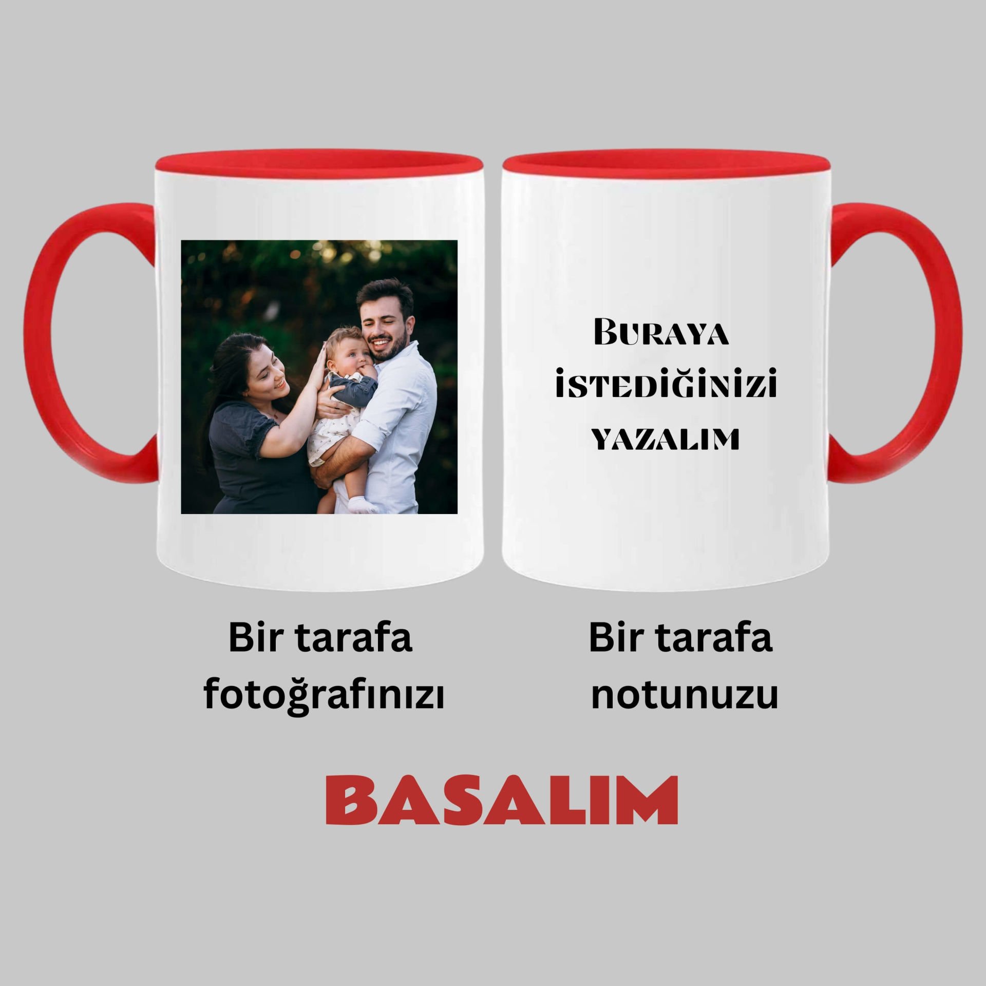 Kişiye Özel Resim Bastırmalı ve Notlu Kırmızı Renkli Klasik Kupa Bardağı - Foto Bastırmalı Klasik Kırmızı Kupa Bardak