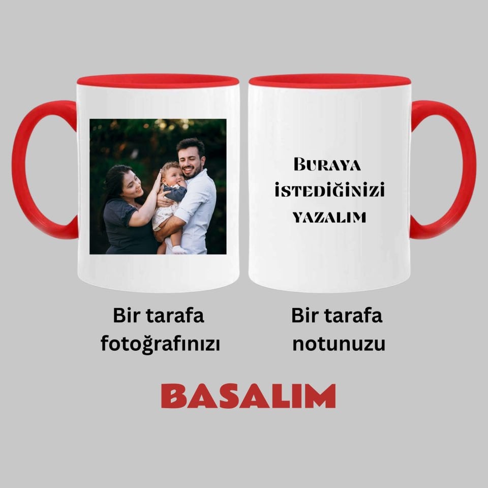 Kişiye Özel Resim Bastırmalı ve Notlu Kırmızı Renkli Klasik Kupa Bardağı - Foto Bastırmalı Klasik Kırmızı Kupa Bardak