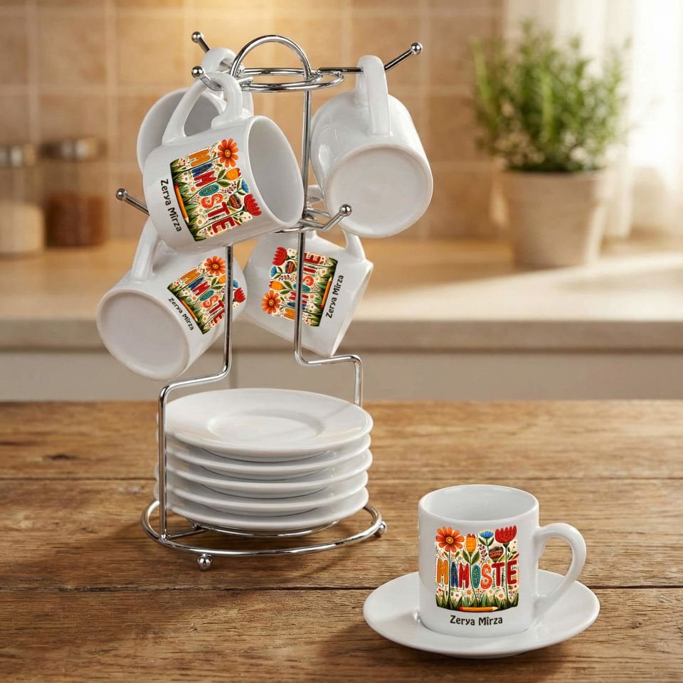 İsme Özel Öğretmelere Özel Kürtçe Mamoste Tasarımlı Standlı 6'lı Porselen Kahve Fincan Seti - İsminize Özel Mamoste Yazılı Fincanları 6'lı Takım