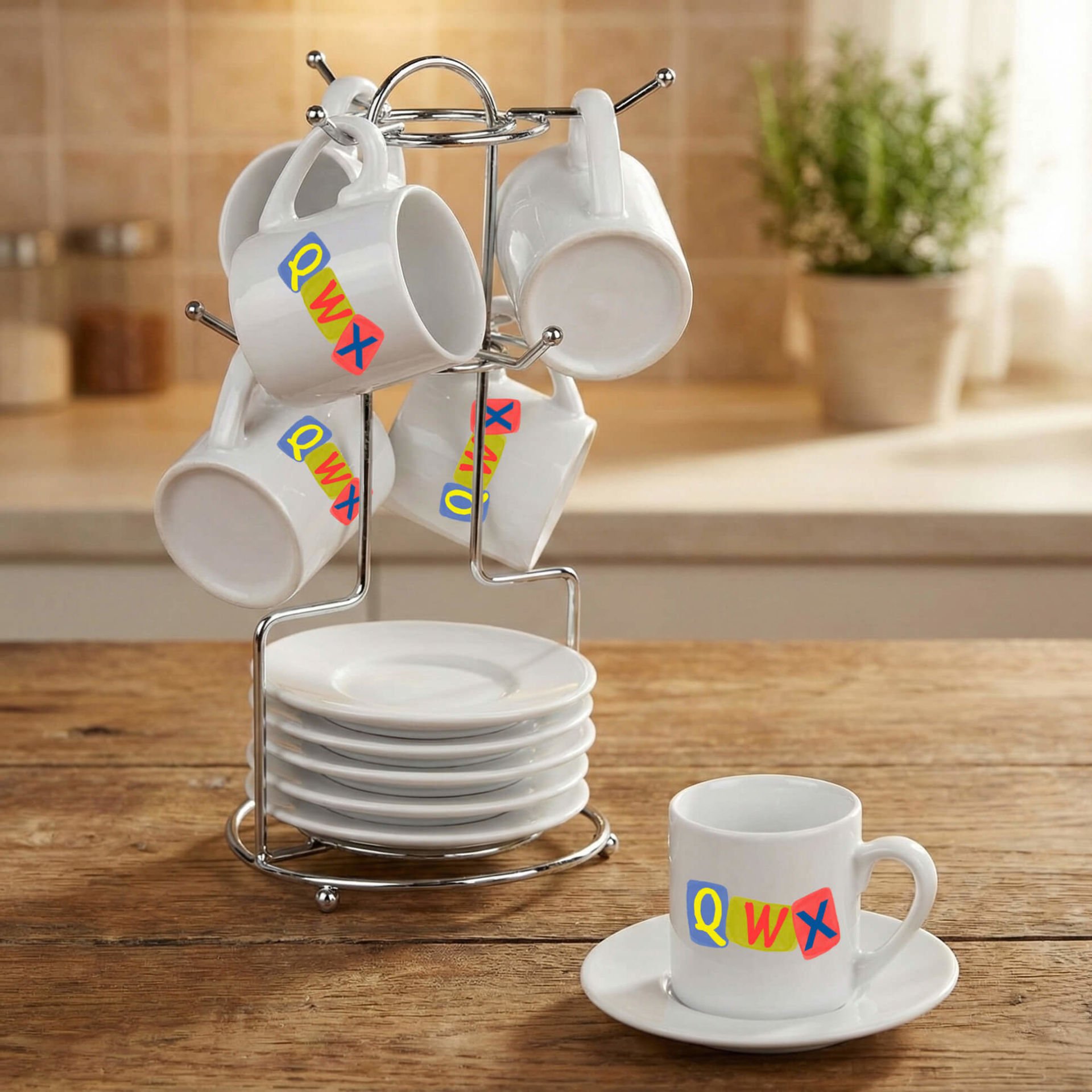 Kürtçe Harfler Tasarımlı Standlı 6'lı Porselen Kahve Fincan Seti - XQW  Yazılı Fincanları 6'lı Takım