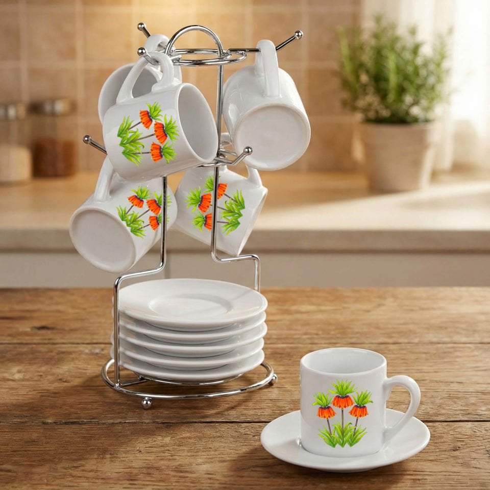 Guldexwîn Tasarımlı Standlı 6'lı Porselen Kahve Fincan Seti - Ters Lale Fincanları 6'lı Takım