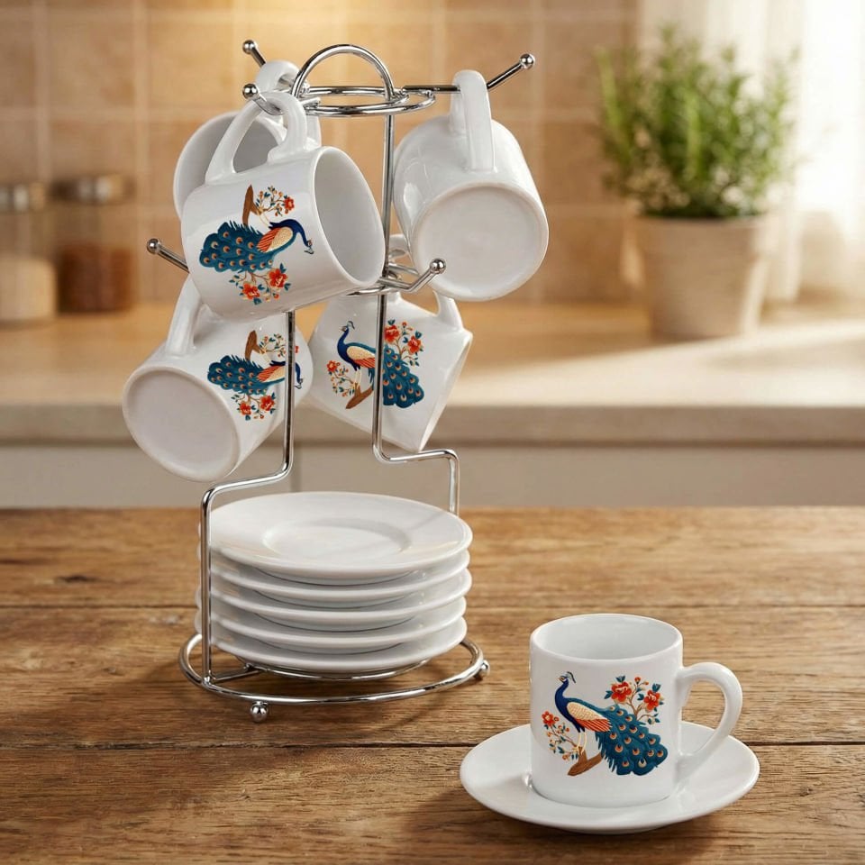 Melekê Tawis Tasarımlı Standlı 6'lı Porselen Kahve Fincan Seti - Tavus Kuşu Fincanları 6'lı Takım