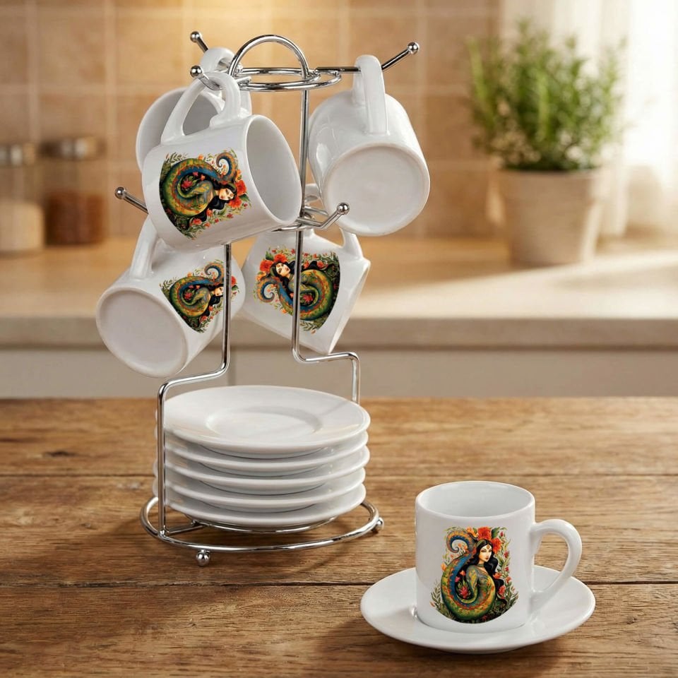 Şahmaran Tasarımlı Standlı 6'lı Porselen Kahve Fincan Seti - Şahmeran Fincanları 6'lı Takım