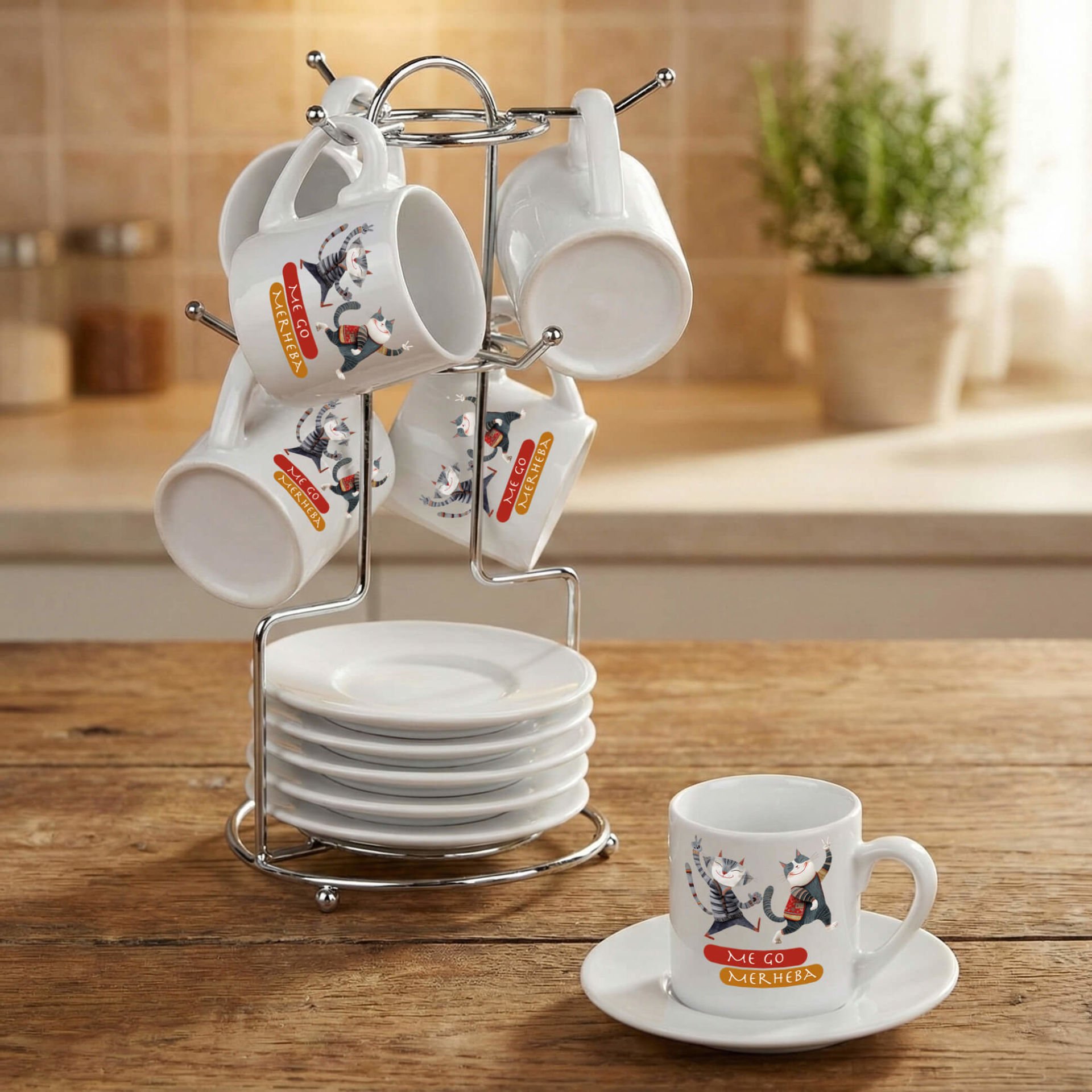 Kürtçe Me Go Merhaba Tasarımlı Standlı 6'lı Porselen Kahve Fincan Seti - Me Go Merheba Fincanları 6'lı Takım