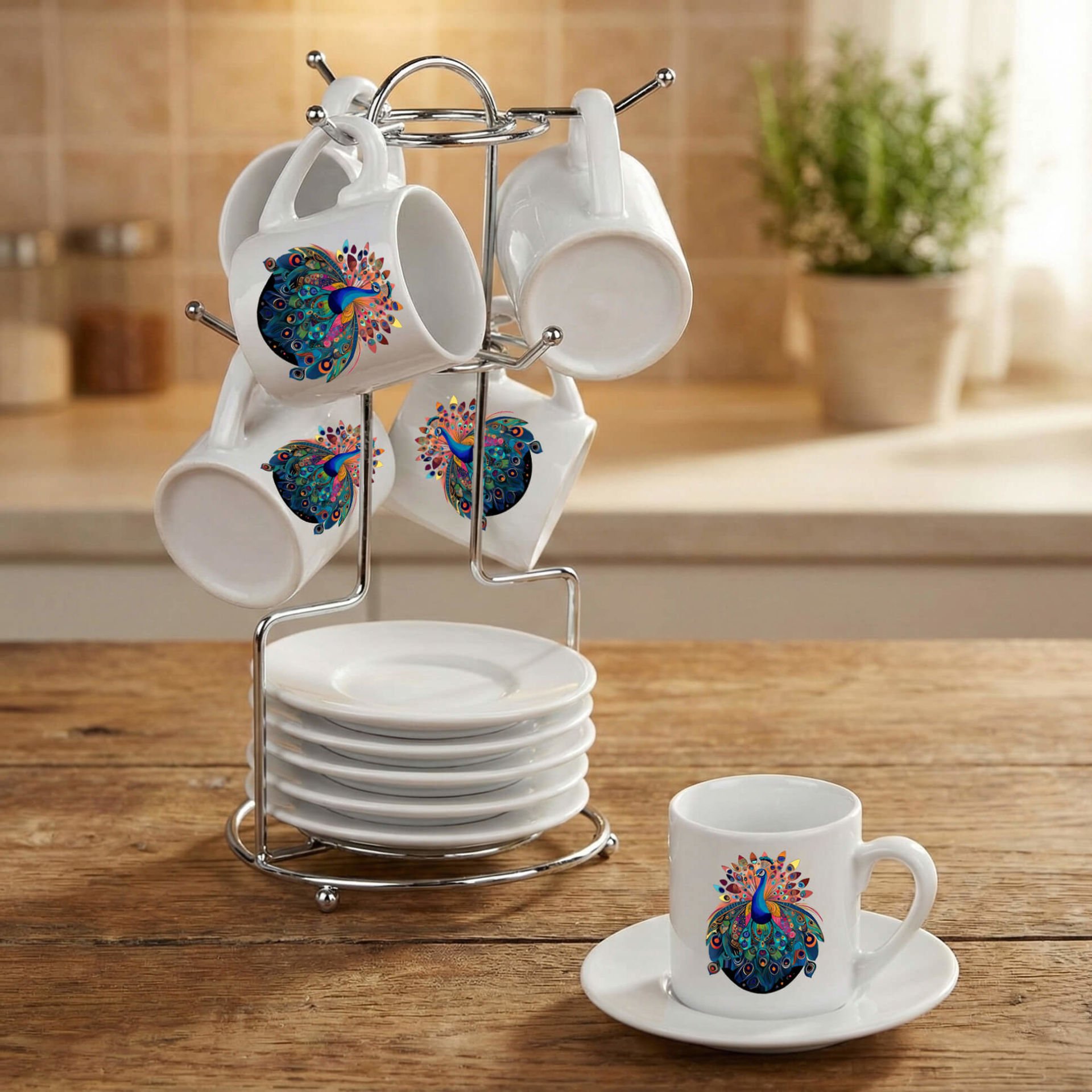 Tavus Kuşu Tasarımlı Standlı 6'lı Porselen Kahve Fincan Seti - Melekê Tawis Fincanları 6'lı Takım
