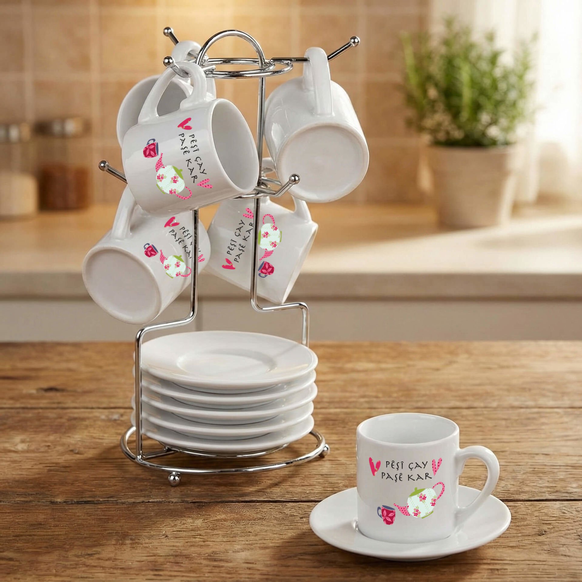 Kürtçe Pêşî Çay Paşê Kar Tasarımlı Standlı 6'lı Porselen Kahve Fincan Seti - Pêşî Çay Paşê Kar Fincanları 6'lı Takım