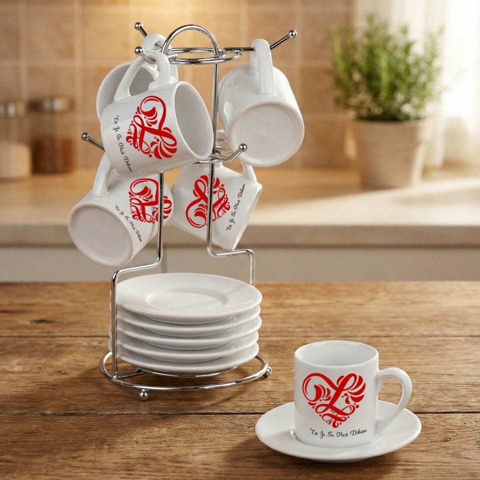 Kürtçe Ez Ji Te Hez Dikim Tasarımlı Standlı 6'lı Porselen Kahve Fincan Seti - Ez Ji Te Hez Dikim Fincanları 6'lı Takım