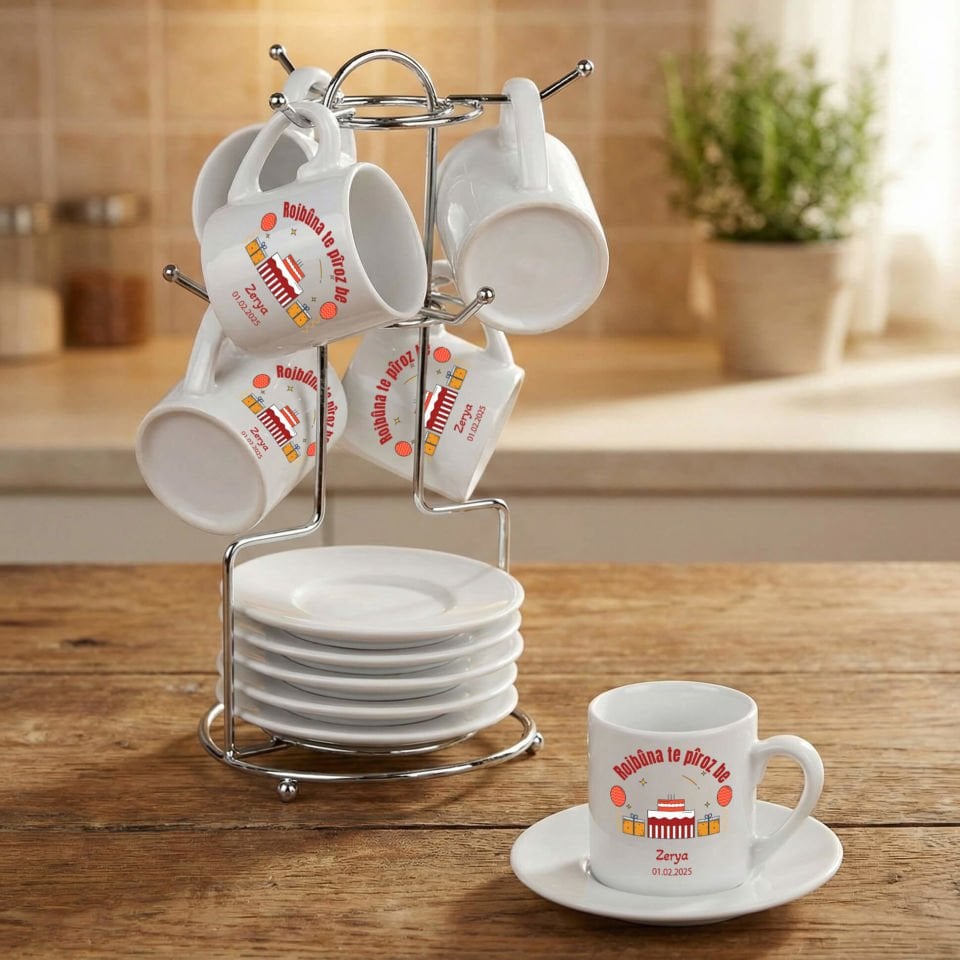 İsme Özel Kürtçe Doğum Günü Tasarımlı Standlı 6'lı Porselen Kahve Fincan Seti - Rojbûna Te Piroz Be Fincanları 6'lı Takım