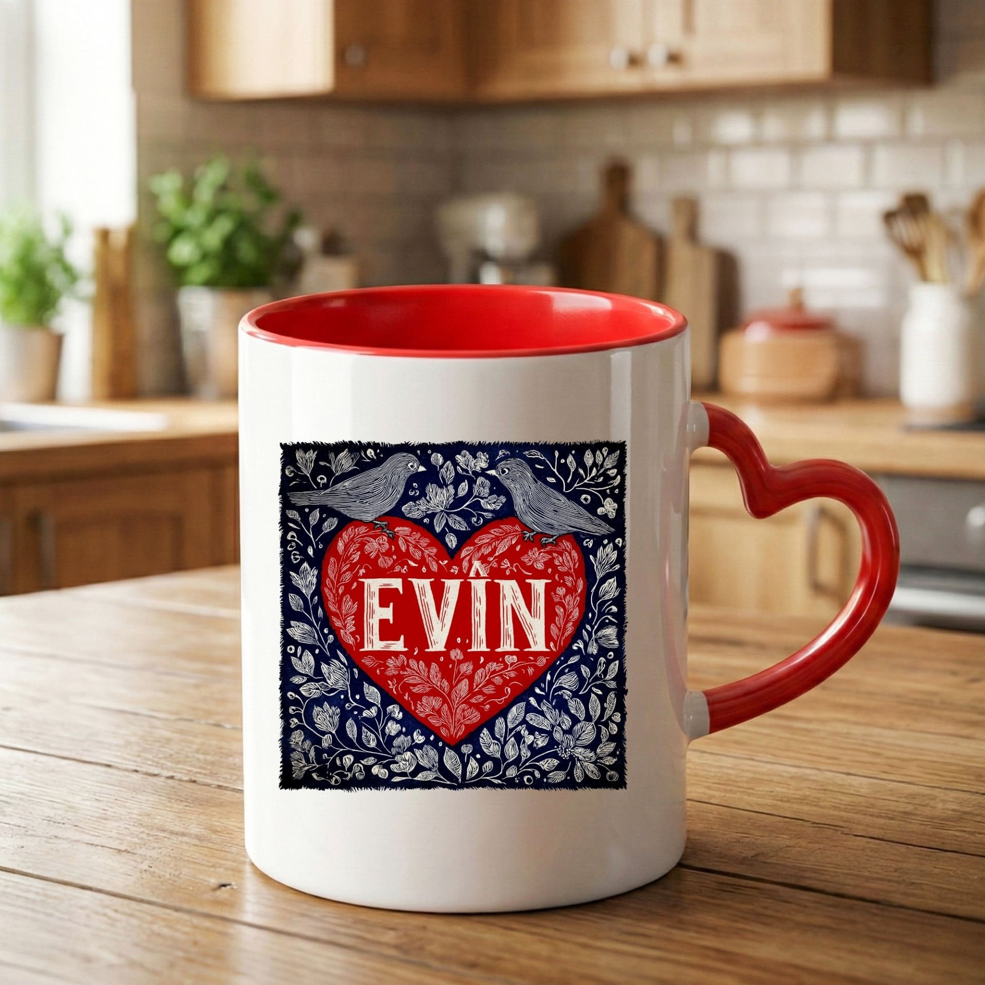 Sevgililere Özel Kürtçe Evîn Yazılı Kırmızı Kalp Kupa Bardağı - Kürtçe Evîn Tasarımlı Kalpli Kupa Bardak