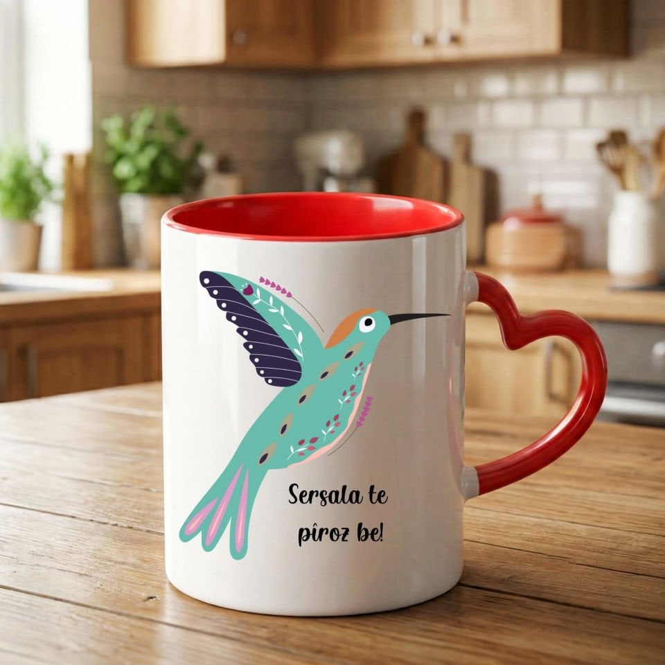 Kürtçe Yılbaşı Kutlamalı Kırmızı Kalp Kupa Bardağı - Sersala Te Pîroz Be Yazılı Kuş Resimli Kalpli Kupa Bardak