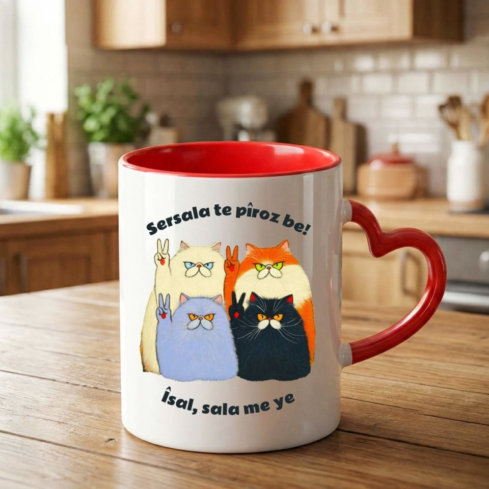 Kürtçe Yılbaşı Kutlamalı Kırmızı Kalp Kupa Bardağı - Sersala Te Pîroz Be Yazılı Kedi Tasarımlı Kalpli Kupa Bardak