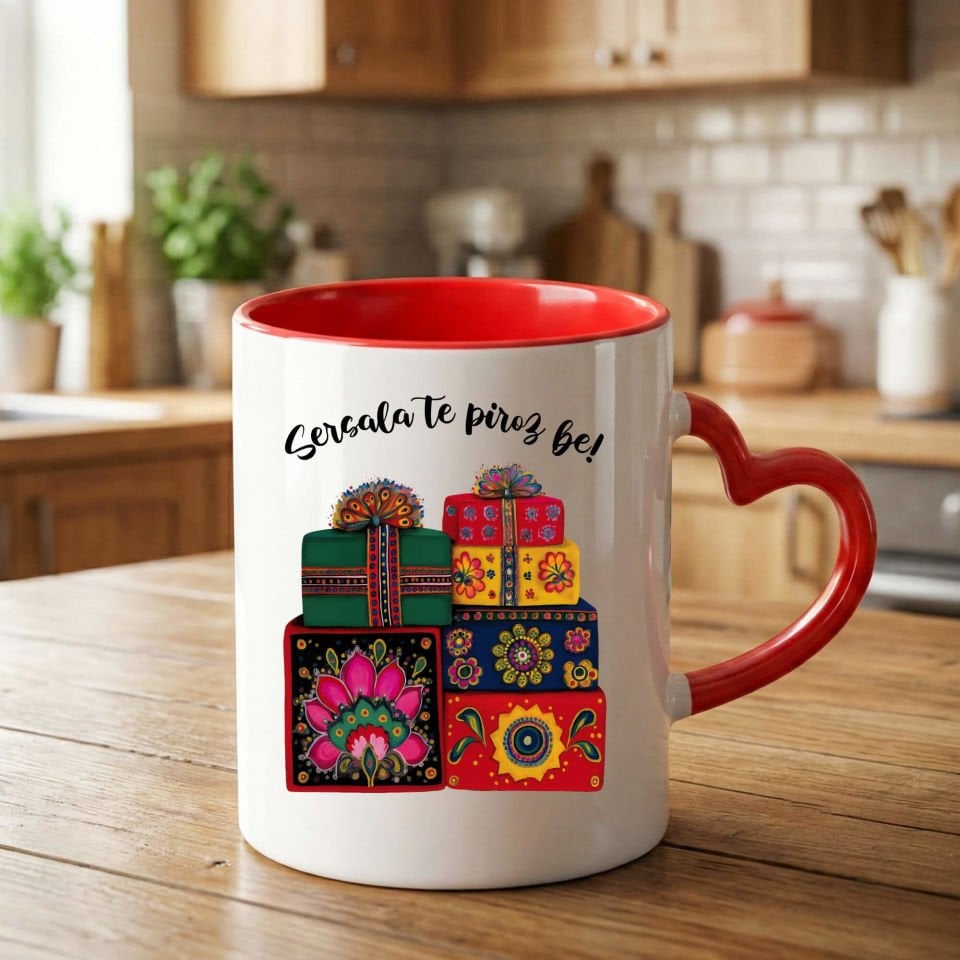 Kürtçe Yılbaşı Kutlamalı Kırmızı Kalp Kupa Bardağı - Kürtçe Sersala Te Pîroz Be Tasarımlı Kalpli Kupa Bardak