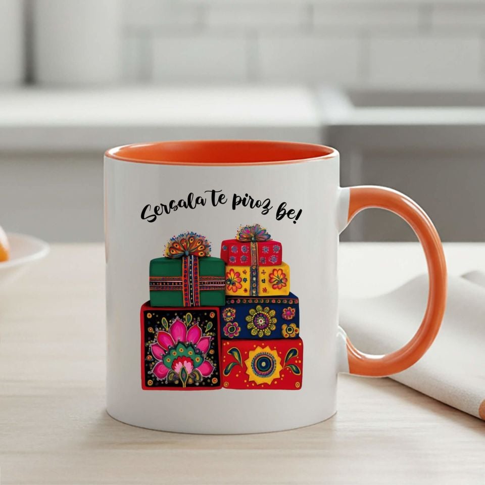 İsme Özel Kürtçe Yılbaşı Kutlamalı Klasik Turuncu Kupa Bardağı - Kişiye Özel Sersala Te Pîroz Be Yazılı Klasik Turuncu Renk Kupa Bardak