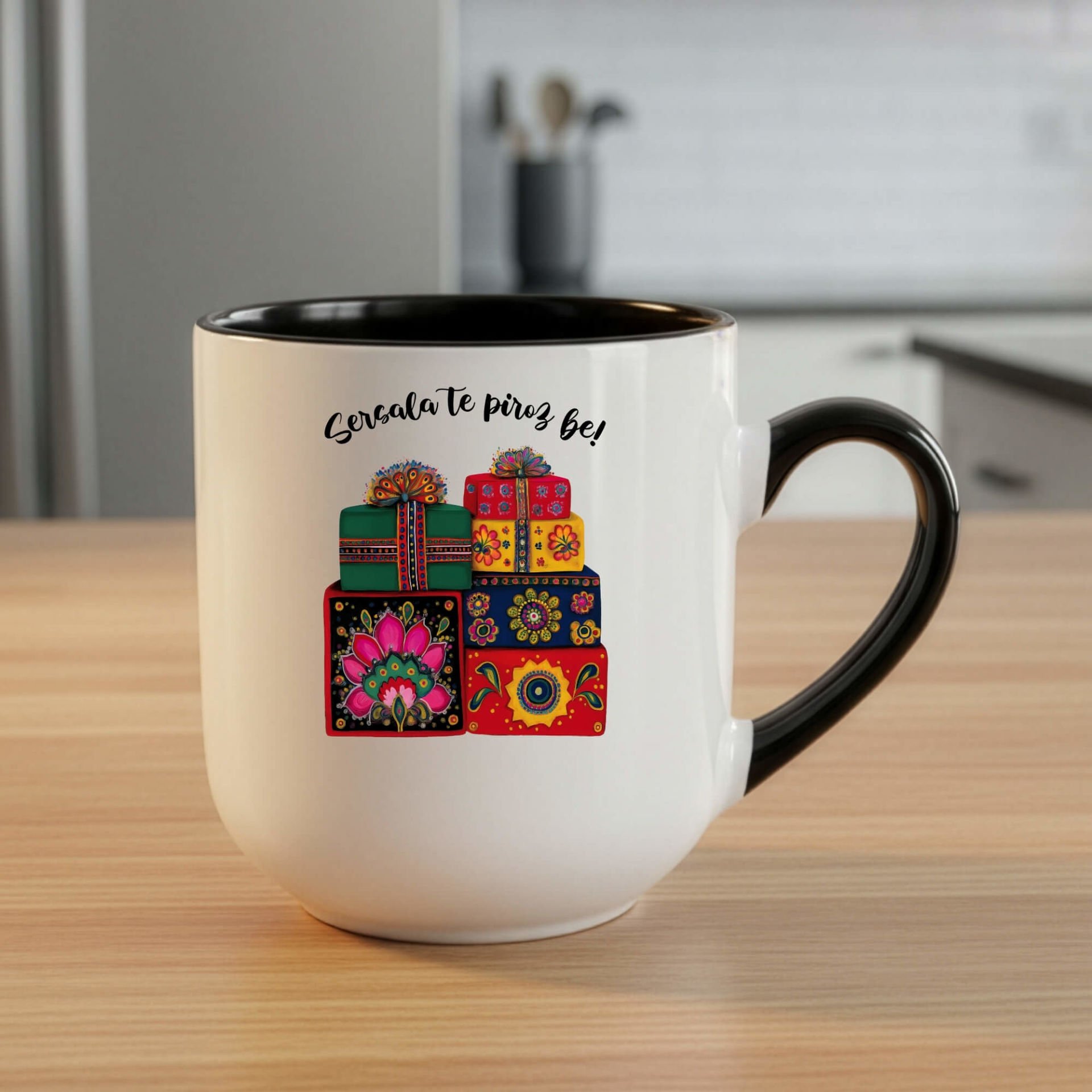 Kürtçe Yılbaşı Kutlamalı Elite Siyah Kupa Bardağı - Sersala Te Pîroz Be Yazılı Elite Oval Siyah Renk Kupa Bardak