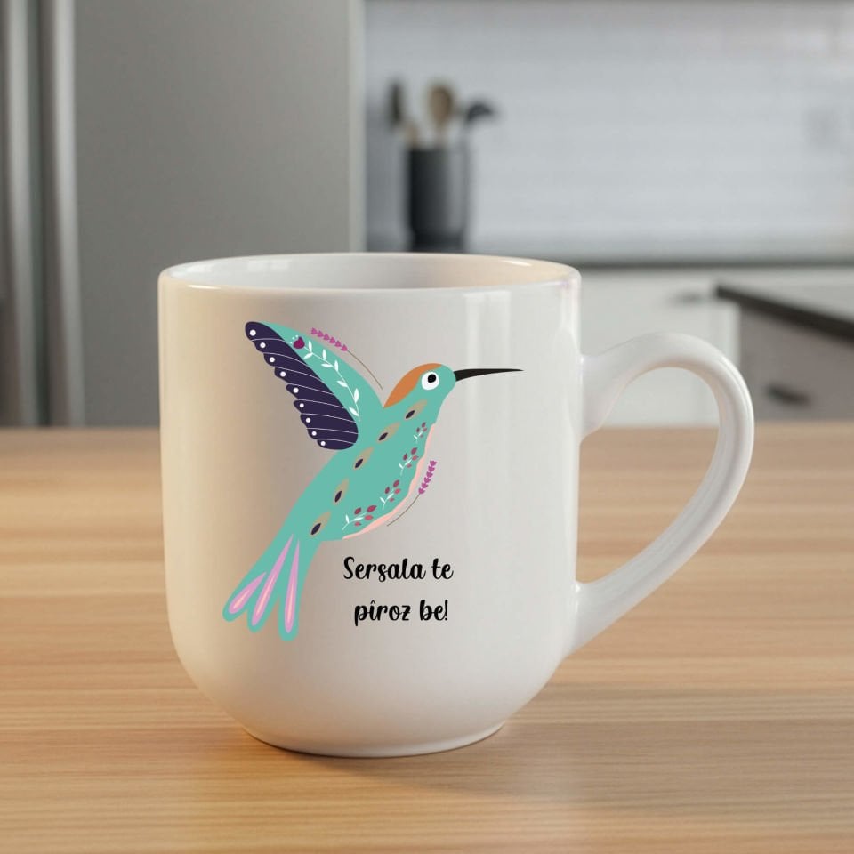 Kürtçe Yılbaşı Kutlamalı Elite Oval Beyaz Kupa Bardağı - Sersala Te Pîroz Be Yazılı Kuş Resimli Elite Oval Beyaz Kupa Bardak