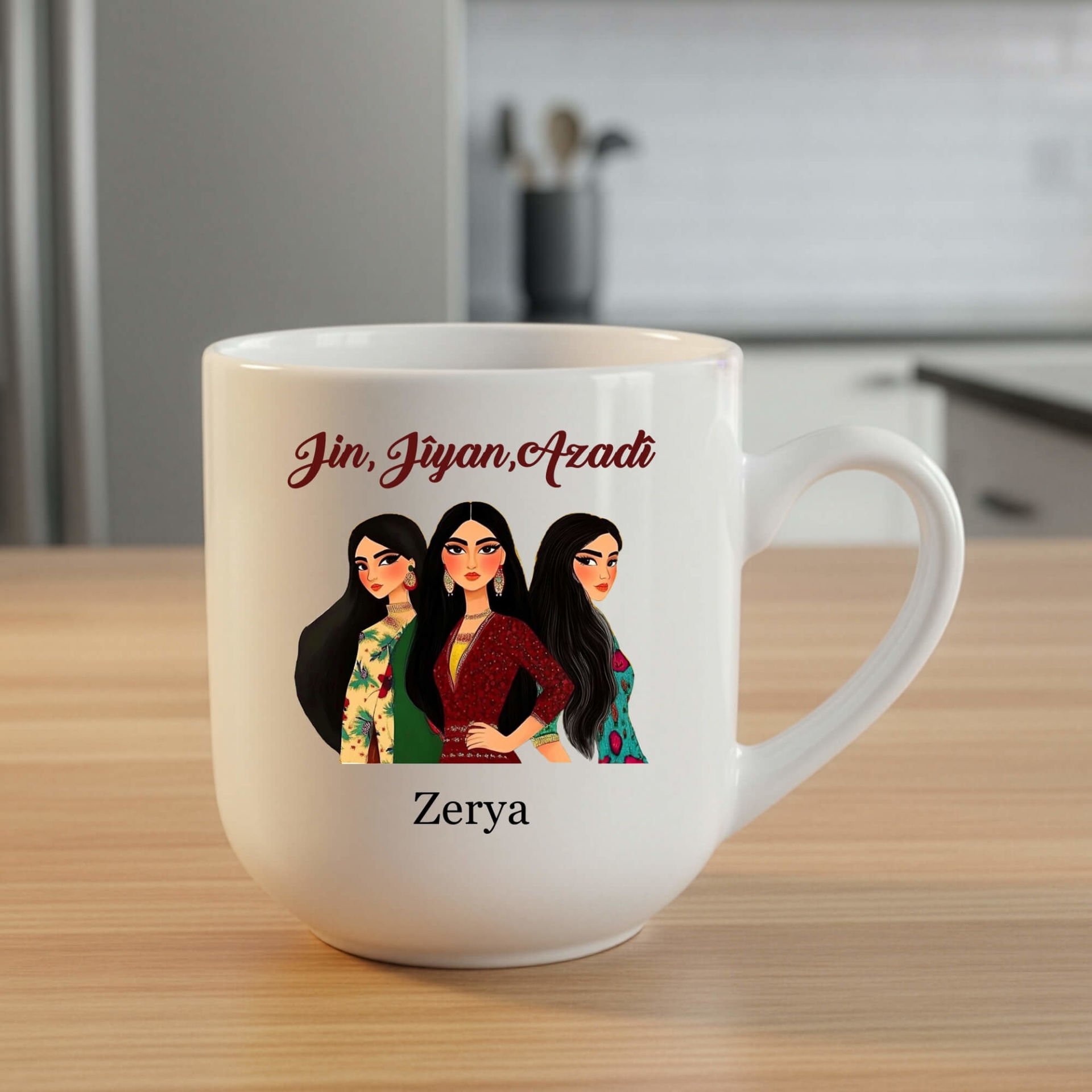 İsme Özel Jin Jiyan Azadi Tasarımlı Elite Beyaz Kupa Bardak - Kişiye Özel Jin Jiyan Azadi Elite Oval Kupası