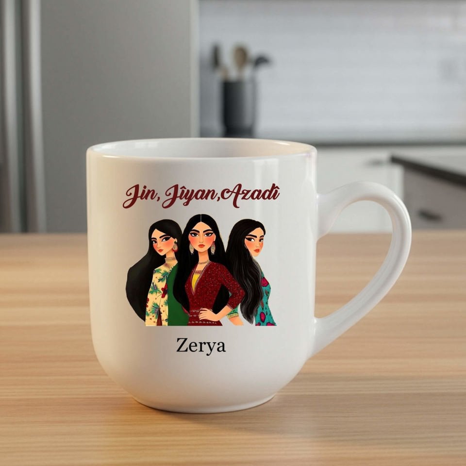 İsme Özel Jin Jiyan Azadi Tasarımlı Elite Beyaz Kupa Bardak - Kişiye Özel Jin Jiyan Azadi Elite Oval Kupası