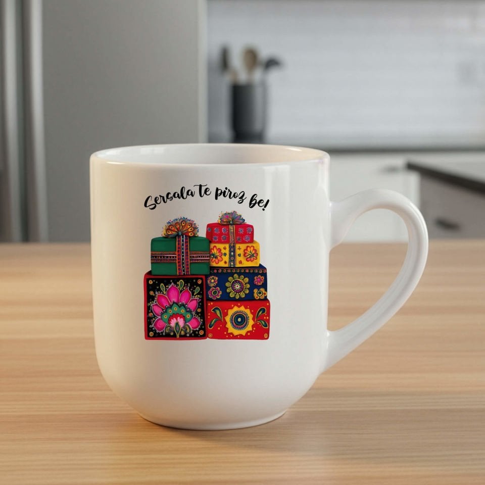 Kürtçe Yılbaşı Kutlamalı Elite Oval Beyaz Kupa Bardağı - Sersala Te Pîroz Be Yazılı Elite Oval Beyaz Kupa Bardak