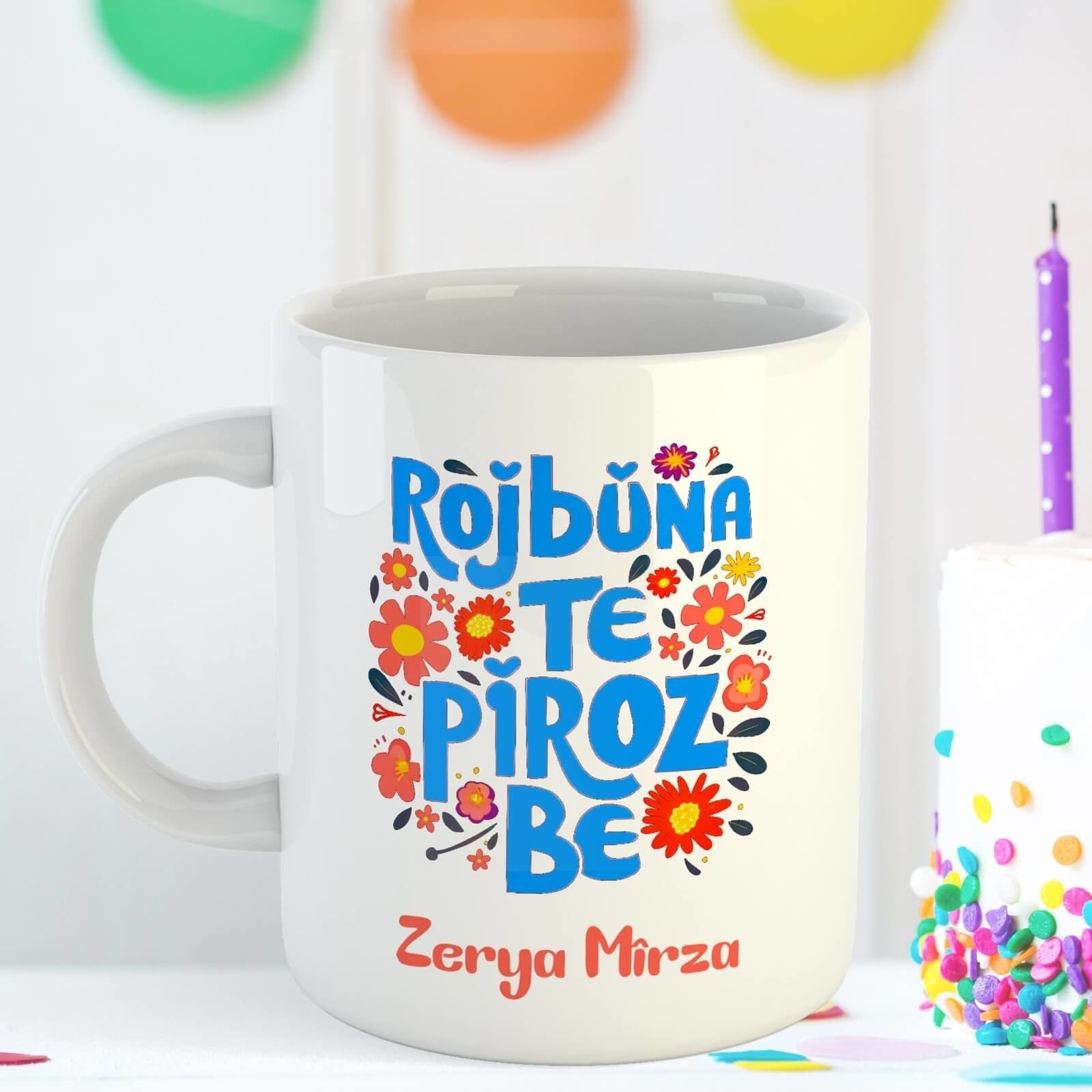 İsme Özel Kürtçe Doğum Günü Kutlama Kupa Bardağı - Rojbûna Te Pîroz be Kupası