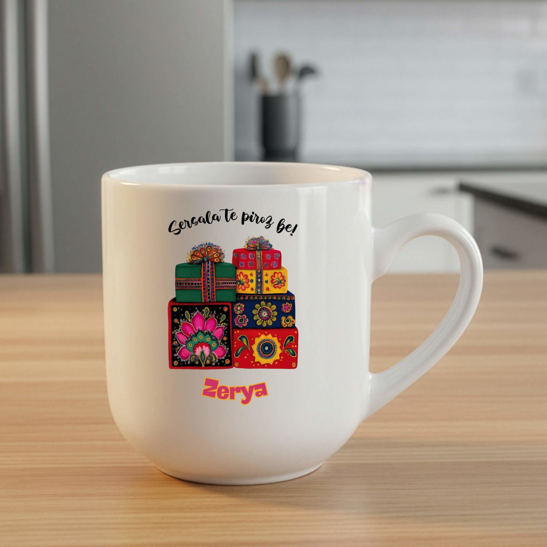 İsme Özel Kürtçe Yılbaşı Kutlamalı Elite Oval Beyaz Kupa Bardağı - Kişiye Özel Sersala Te Pîroz Be Yazılı Elite Oval Beyaz Kupa Bardak