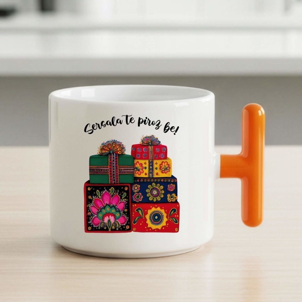 Kürtçe Yılbaşı Kutlamalı Turuncu T Kupa Bardağı - Sersala Te Pîroz Be Yazılı Turuncu T Kupa Bardak