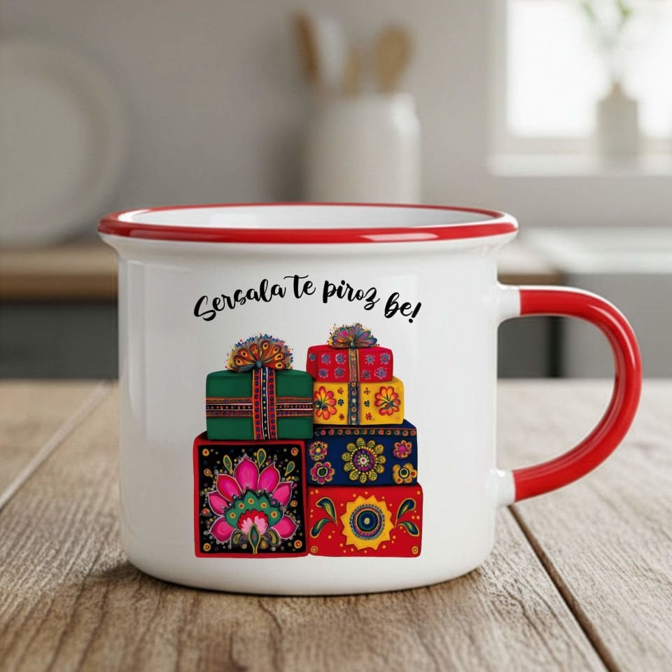 Kürtçe Yılbaşı Kutlamalı Enamel Kırmızı Kupa Bardağı - Sersala Te Pîroz Be Yazılı Enamel Kırmızı Kupa Bardak