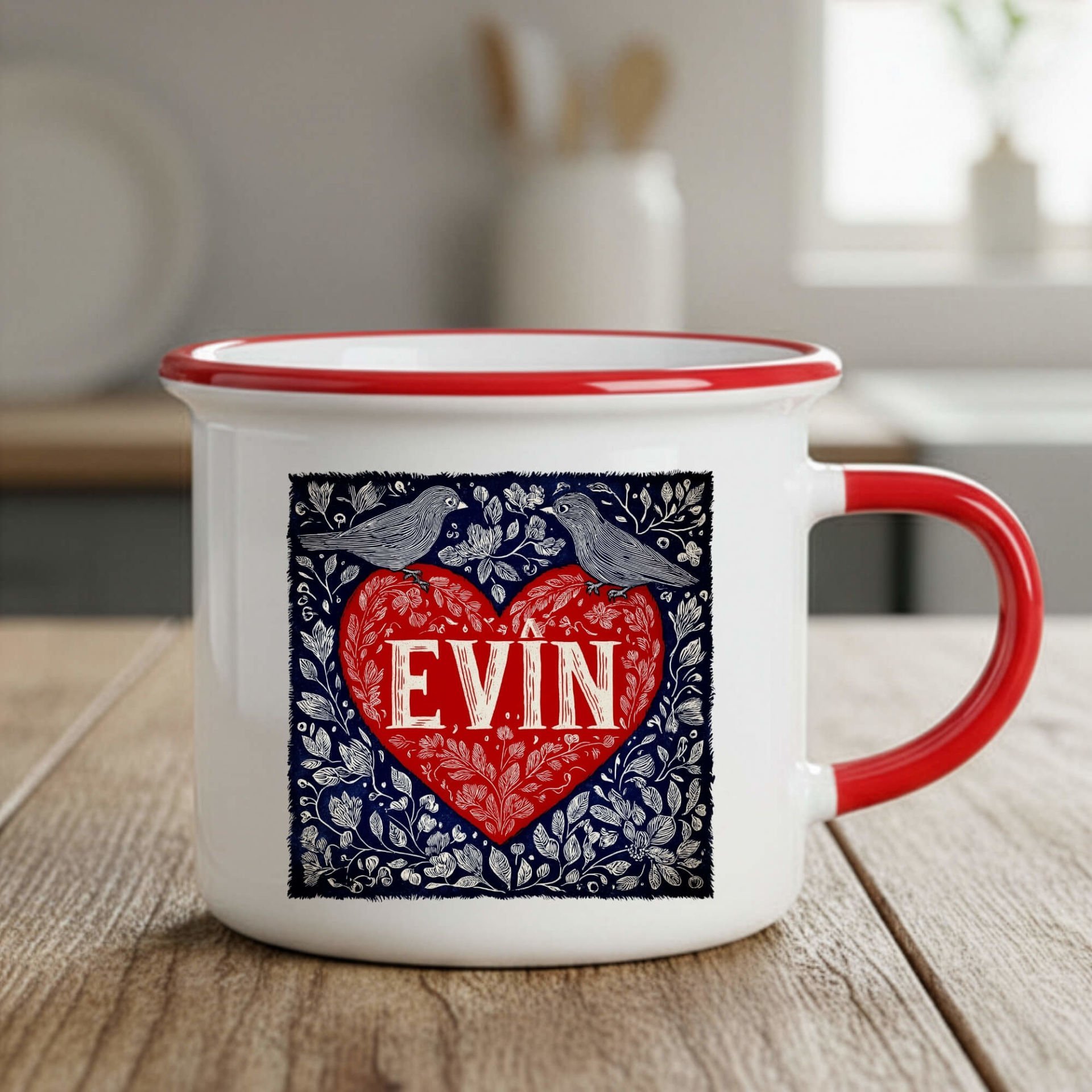 Sevgililere Özel Kürtçe Evîn Yazılı Enamel Kırmızı Kupa Bardağı - Kürtçe Evin Yazılı Enamel Kırmızı Renk Kupa Bardak