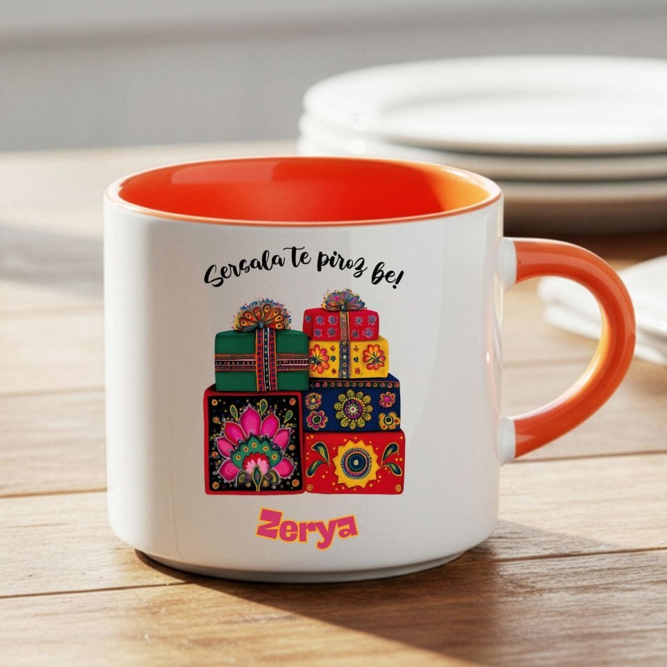 İsme Özel Kürtçe Yılbaşı Kutlamalı Turuncu Nescafe Kupa Bardağı - Kürtçe Sersala Te Pîroz Be Tasarımlı Nescafe Turuncu Renk Kupa Bardak