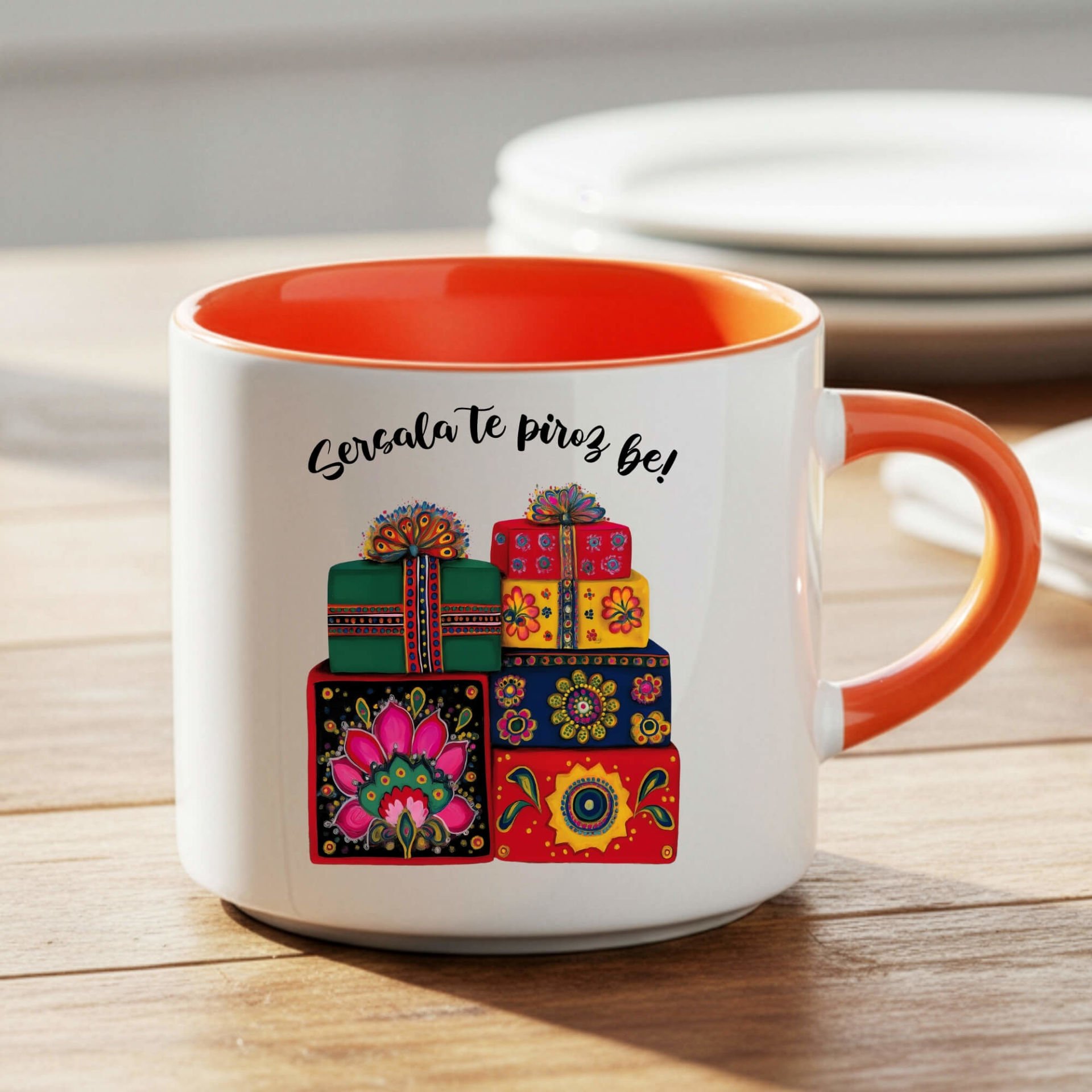 Kürtçe Yılbaşı Kutlamalı Turuncu Nescafe Kupa Bardağı - Kürtçe Sersala Te Pîroz Be Tasarımlı Nescafe Turuncu Renk Kupa Bardak